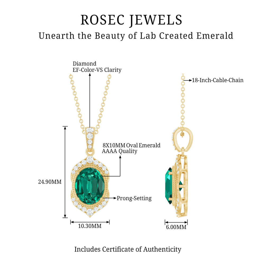 Lab Grown Emerald Necklace – Vintage Inspired Emerald Diamond Pendant With Prong Setting