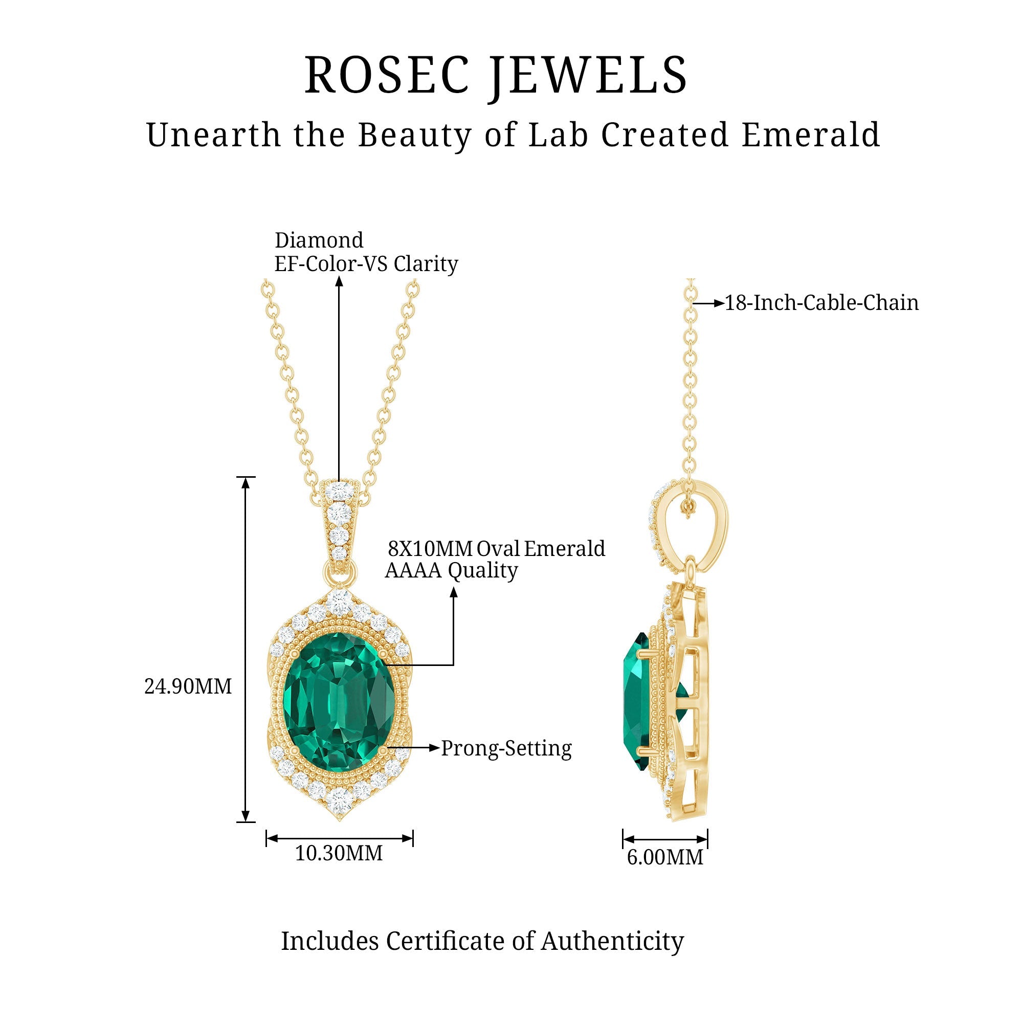 Lab Grown Emerald Necklace – Vintage Inspired Emerald Diamond Pendant With Prong Setting