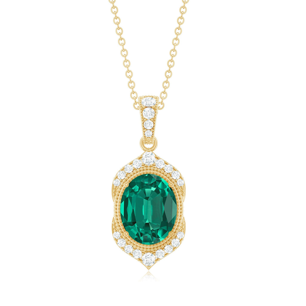 Lab Grown Emerald Necklace – Vintage Inspired Emerald Diamond Pendant With Prong Setting
