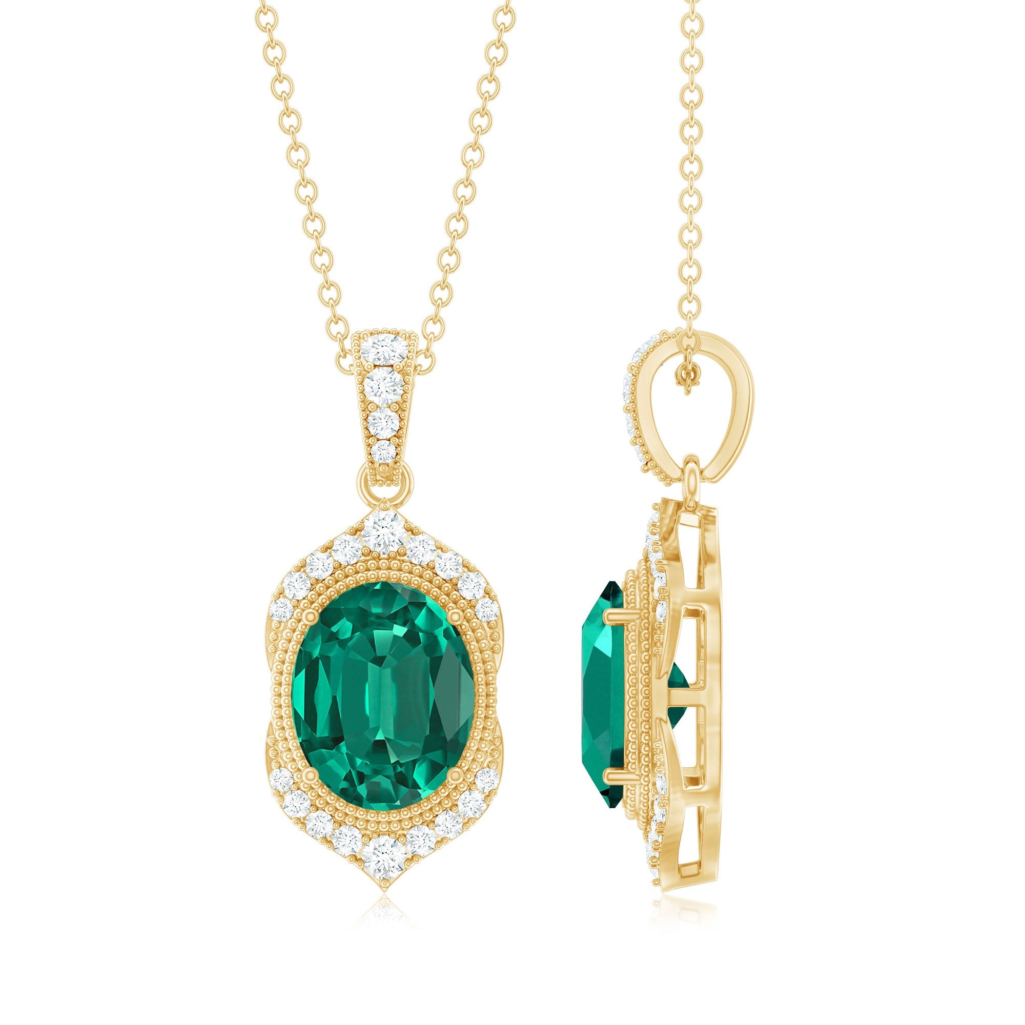 Lab Grown Emerald Necklace – Vintage Inspired Emerald Diamond Pendant With Prong Setting