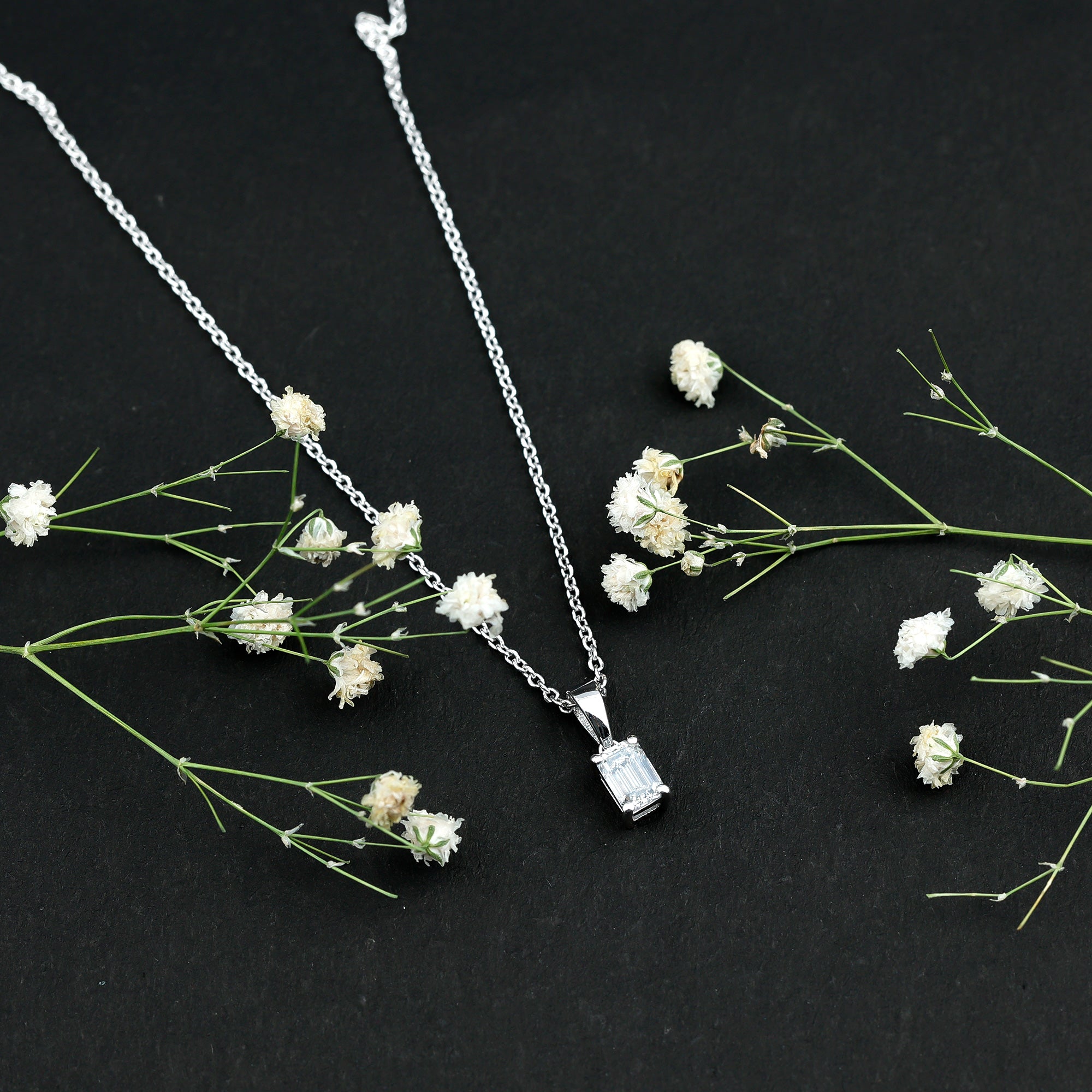 6X8mm Emerald Cut Cubic Zirconia Solitaire Necklace With Silver Chain