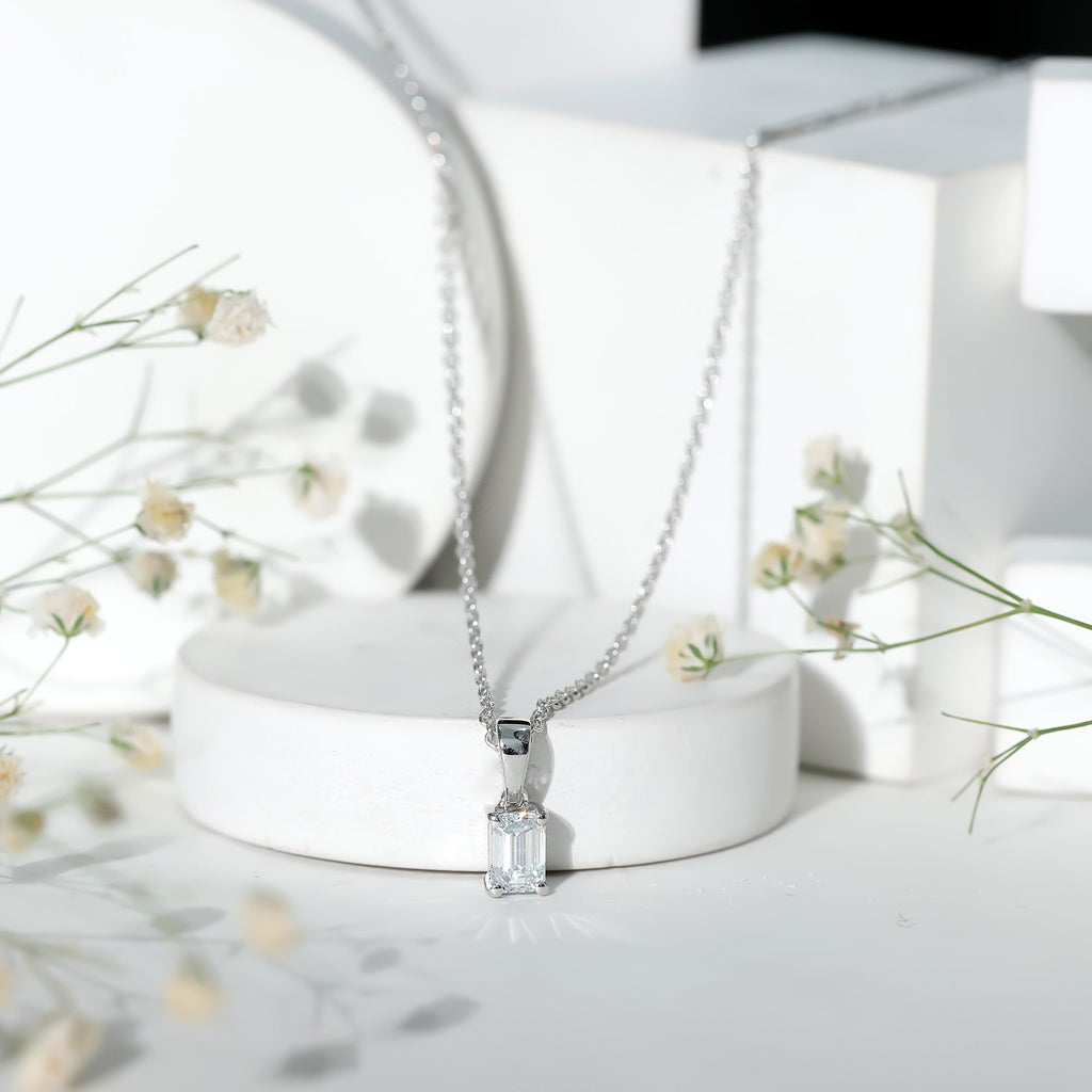 6X8mm Emerald Cut Cubic Zirconia Solitaire Necklace With Silver Chain