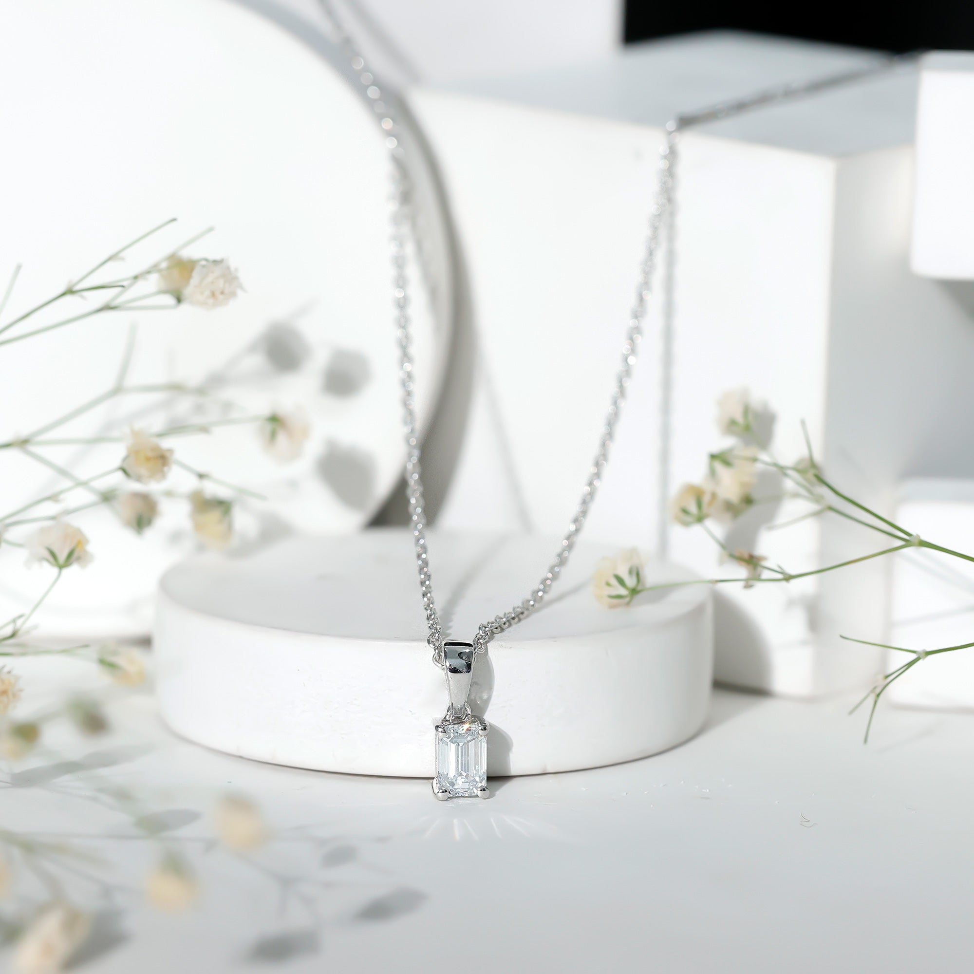 6X8mm Emerald Cut Cubic Zirconia Solitaire Necklace With Silver Chain