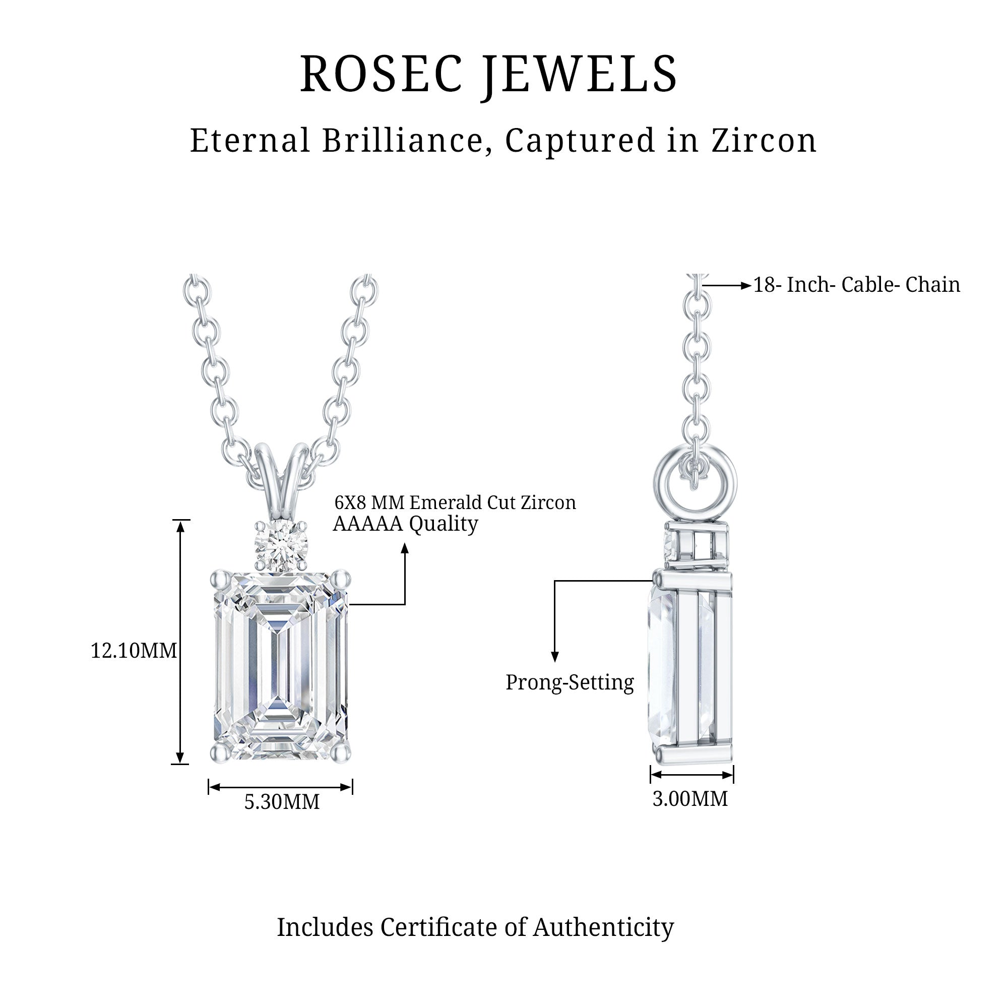 Certified 1.87 Carat Emerald Cut Cubic Zirconia Pendant Necklace with Silver Chain