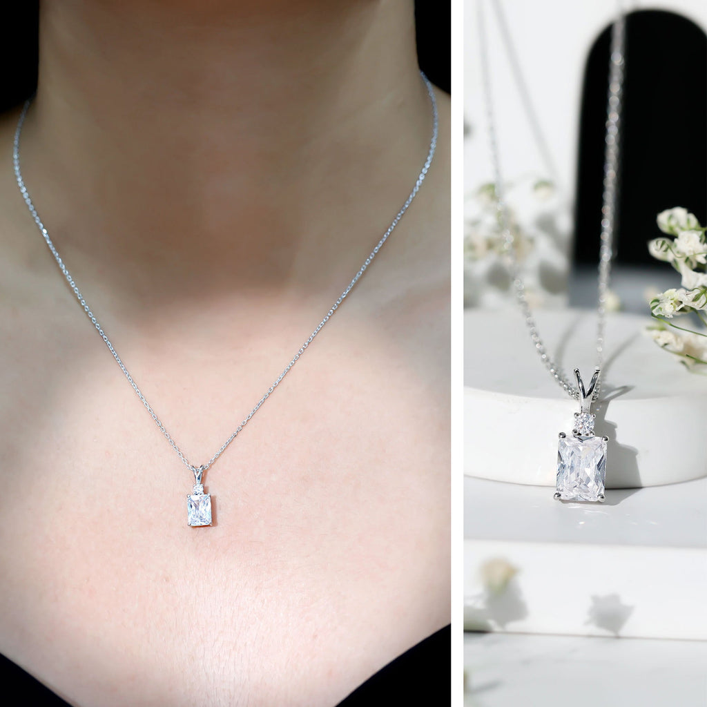 Certified 1.87 Carat Emerald Cut Cubic Zirconia Pendant Necklace with Silver Chain