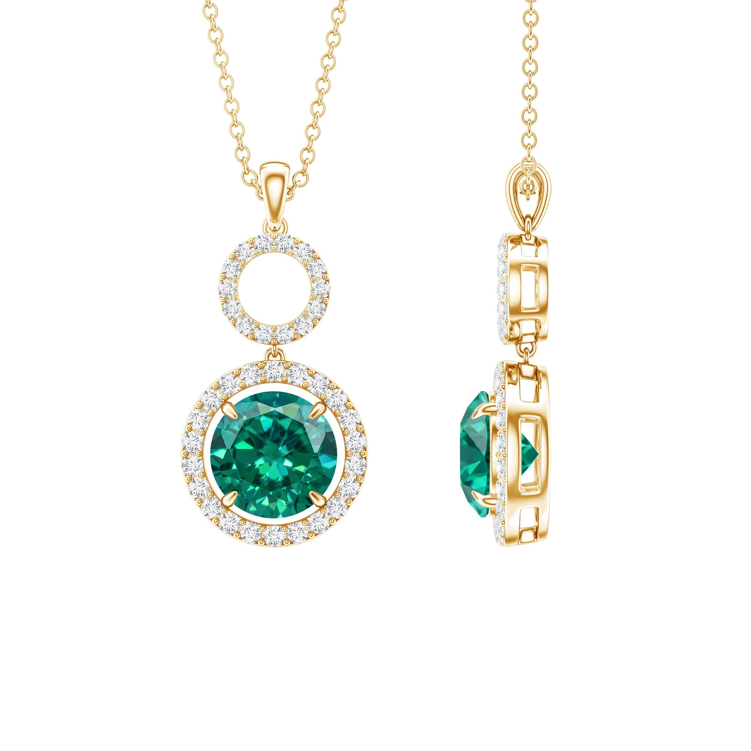 Lab Created Emerald Necklace - Elegant Emerald Pendant with Moissanite Halo