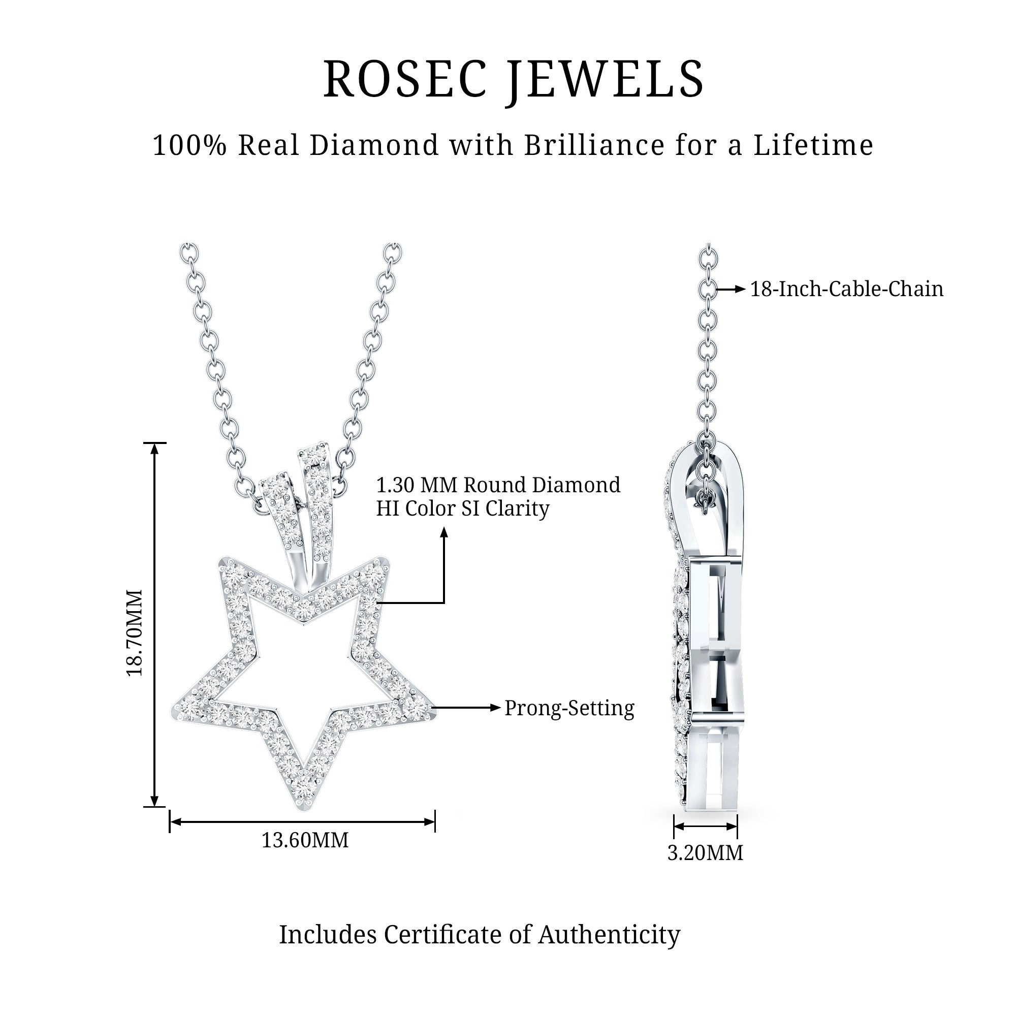 Diamond Star Pendant – Real Diamond Necklace With Prong Setting For Women