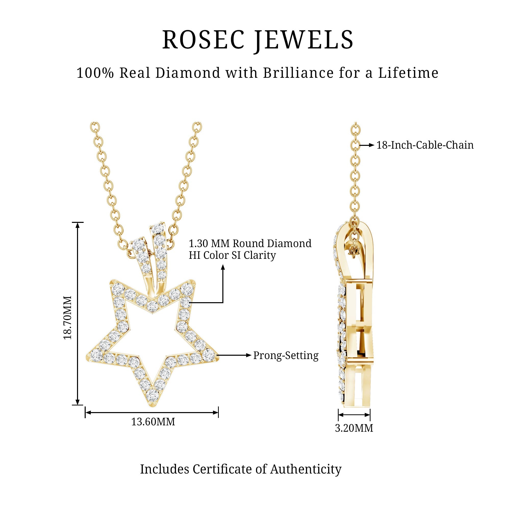 Diamond Star Pendant – Real Diamond Necklace With Prong Setting For Women