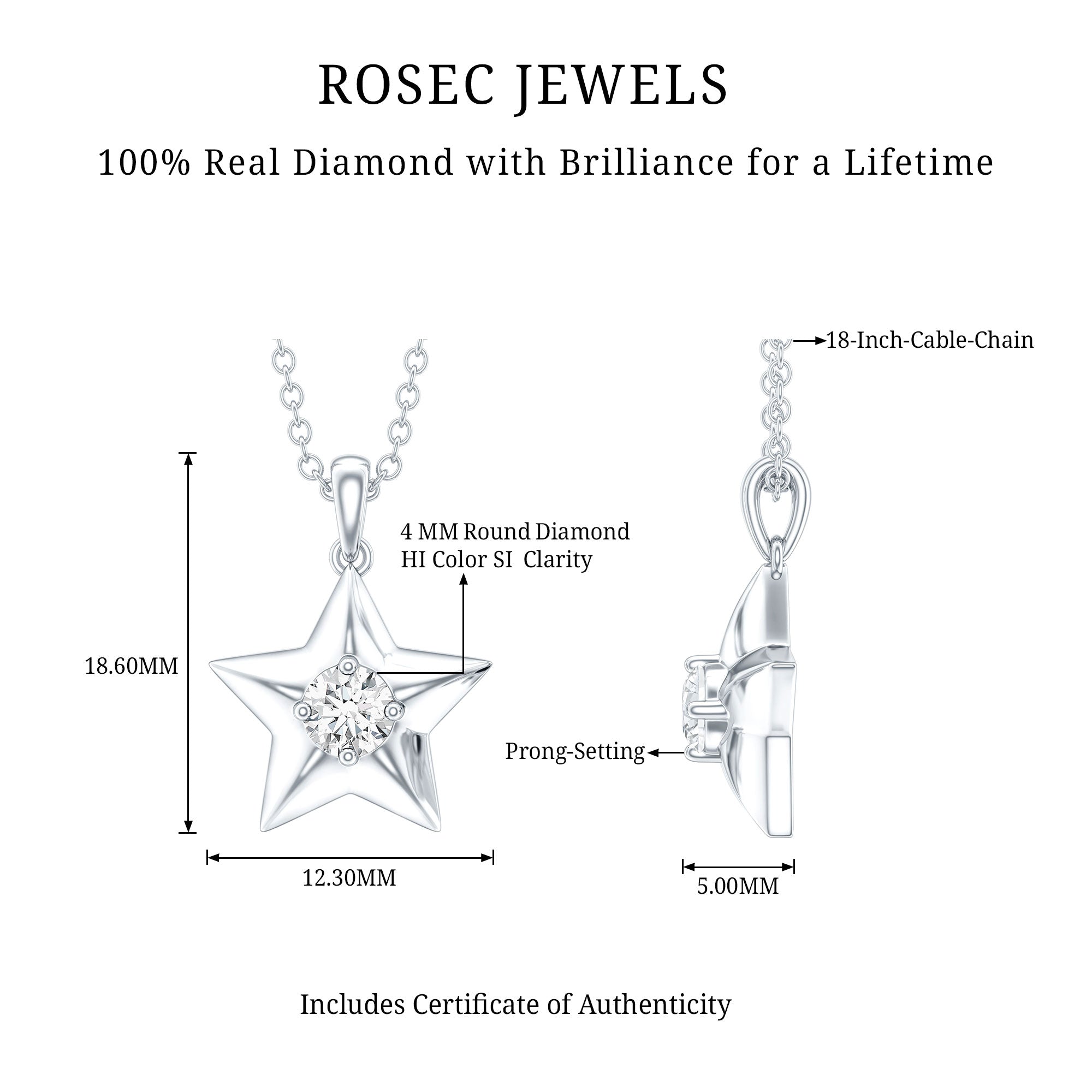 Diamond Star Pendant | Elegant Five Point Star Necklace With Round Cut Diamond