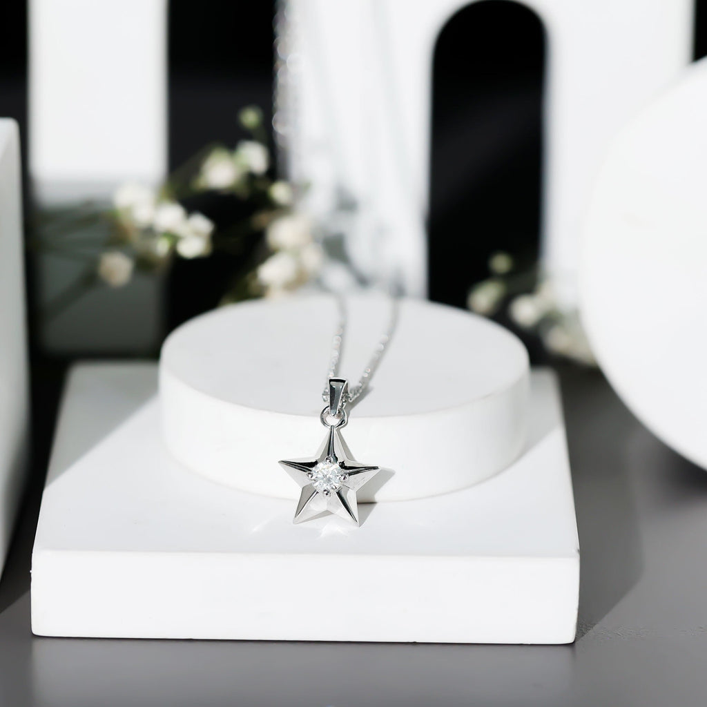 Diamond Star Pendant | Elegant Five Point Star Necklace With Round Cut Diamond
