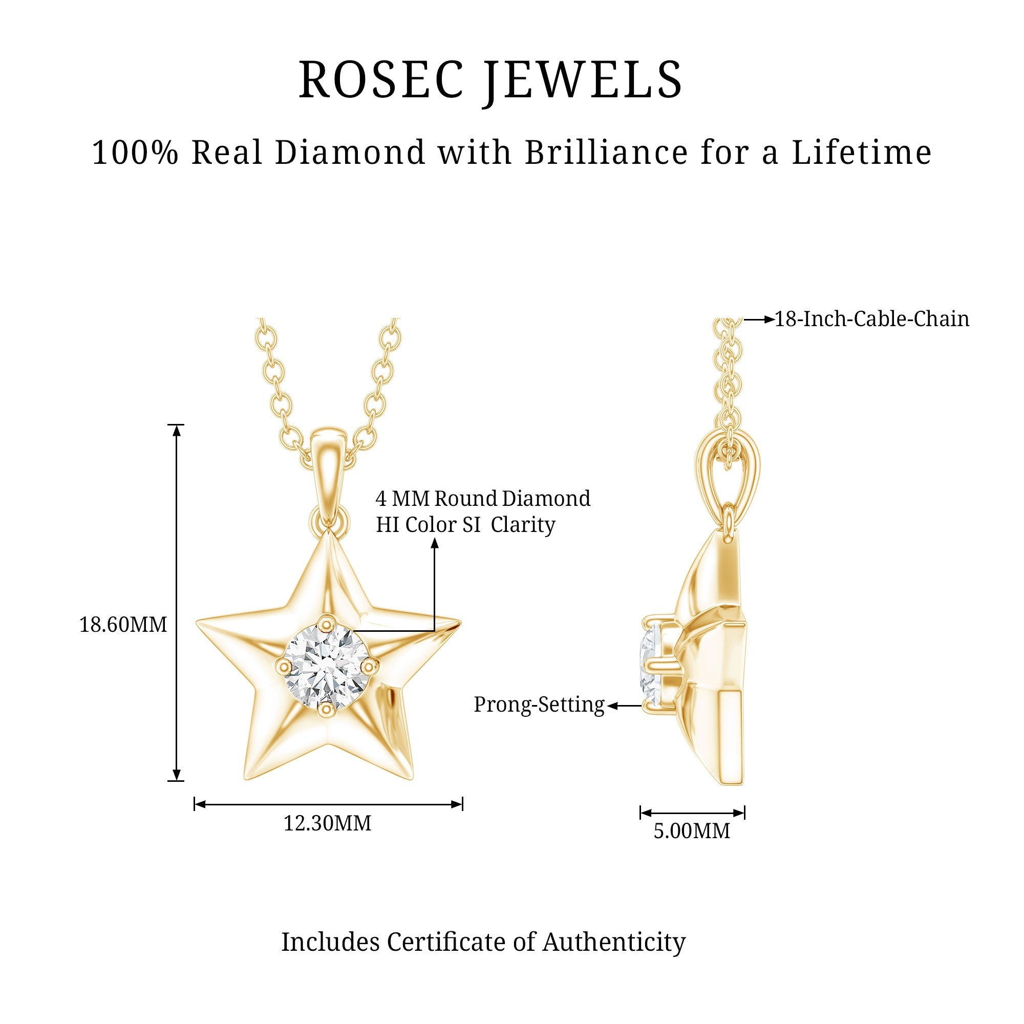 Diamond Star Pendant | Elegant Five Point Star Necklace With Round Cut Diamond