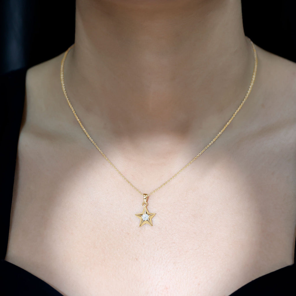Diamond Star Pendant | Elegant Five Point Star Necklace With Round Cut Diamond