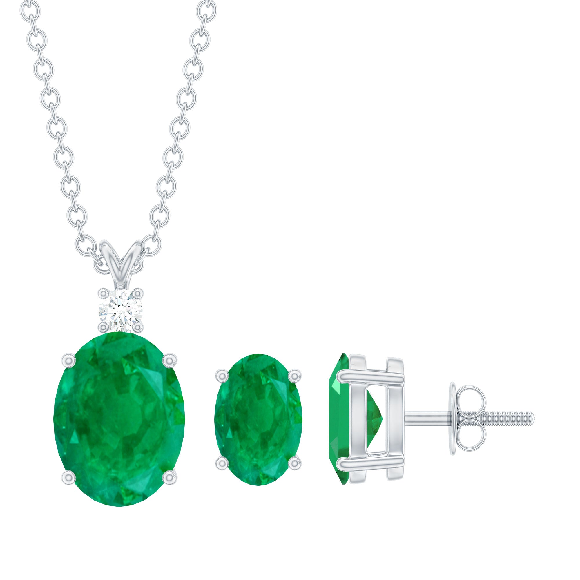 Emerald Pendant Set – Solitaire Oval Necklace with Lab Grown Diamond Earrings