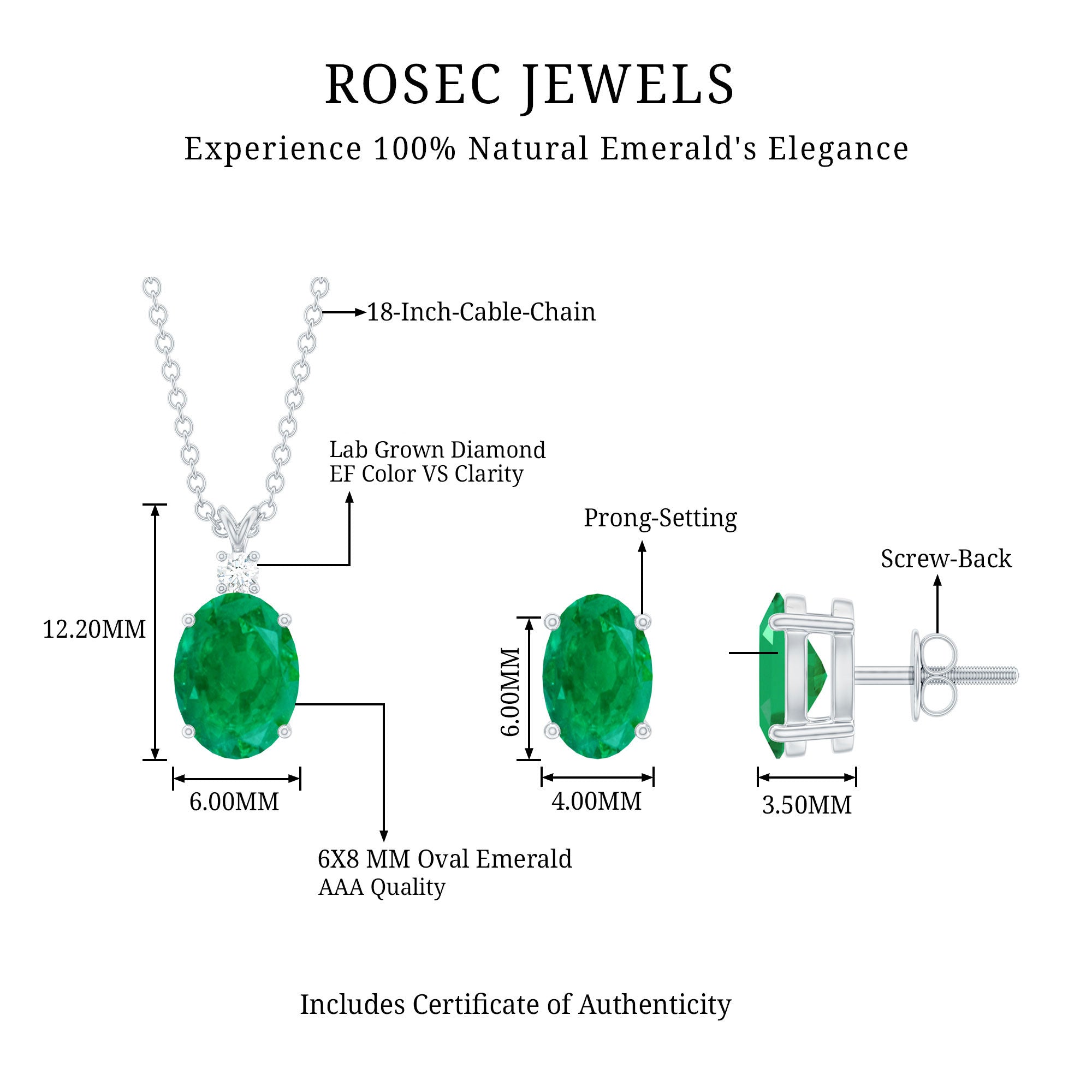 Emerald Pendant Set – Solitaire Oval Necklace with Lab Grown Diamond Earrings