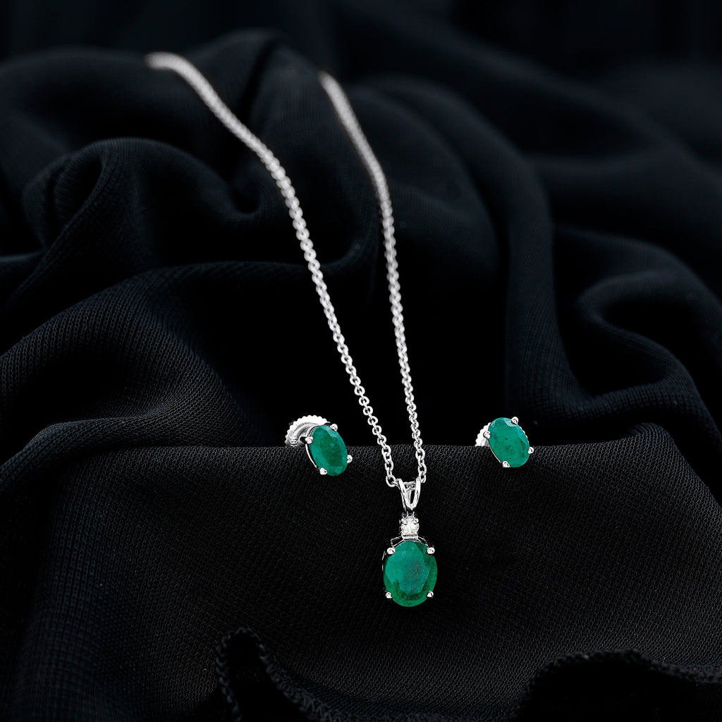 Emerald Pendant Set – Solitaire Oval Necklace with Lab Grown Diamond Earrings