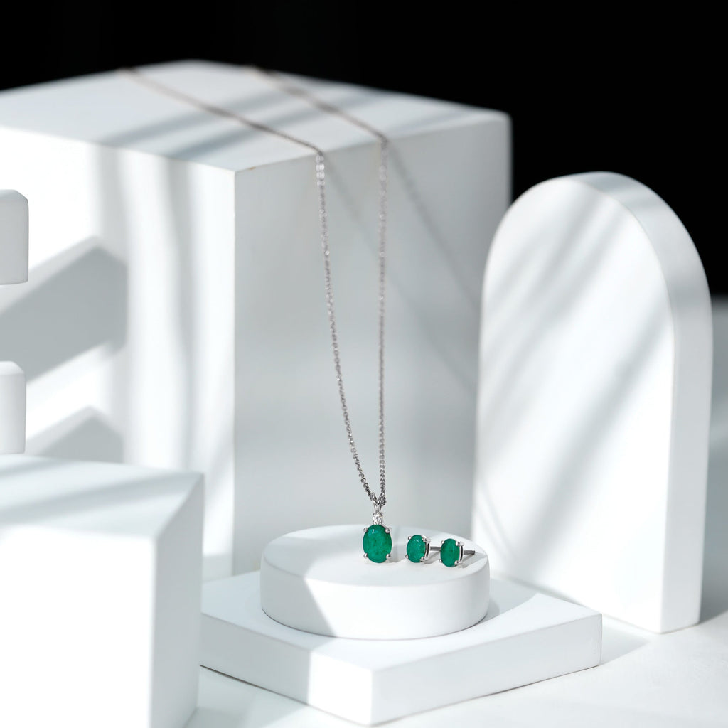 Emerald Pendant Set – Solitaire Oval Necklace with Lab Grown Diamond Earrings