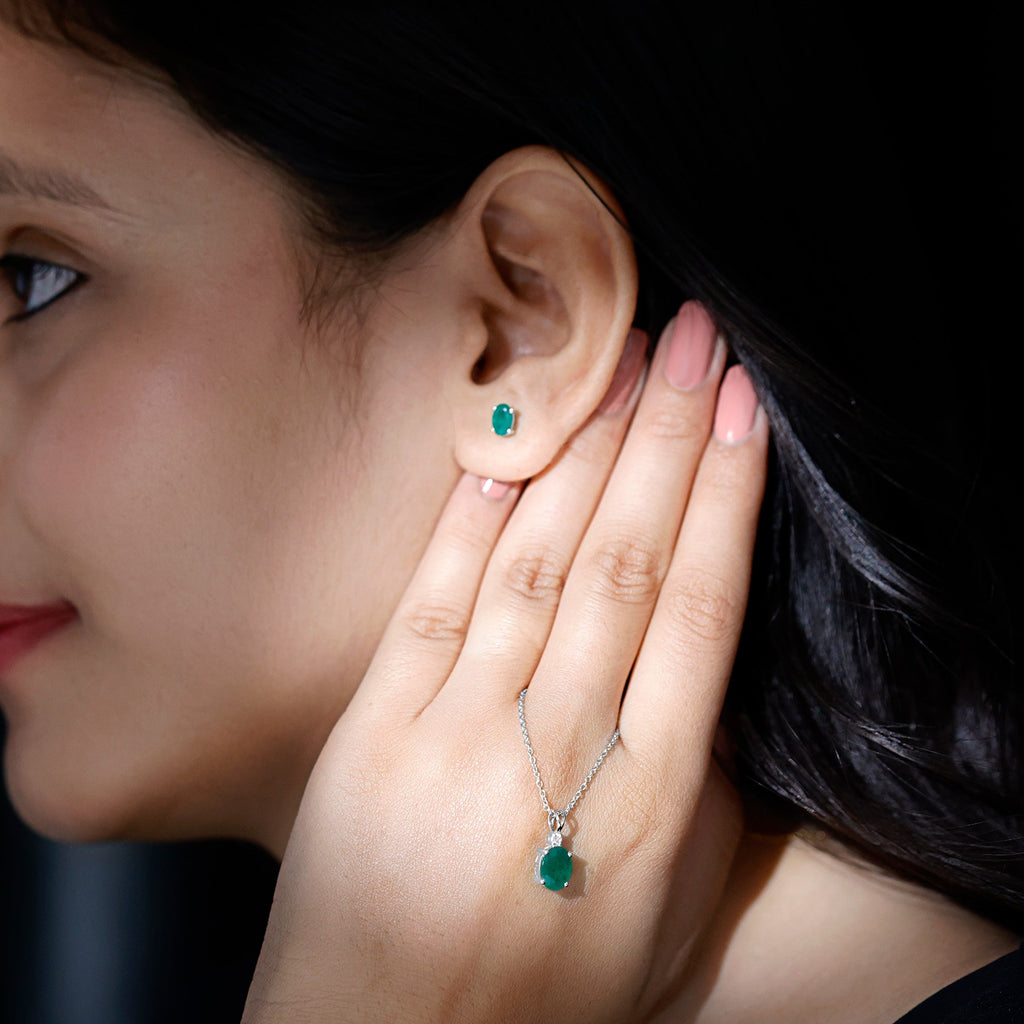 Emerald Pendant Set – Solitaire Oval Necklace with Lab Grown Diamond Earrings