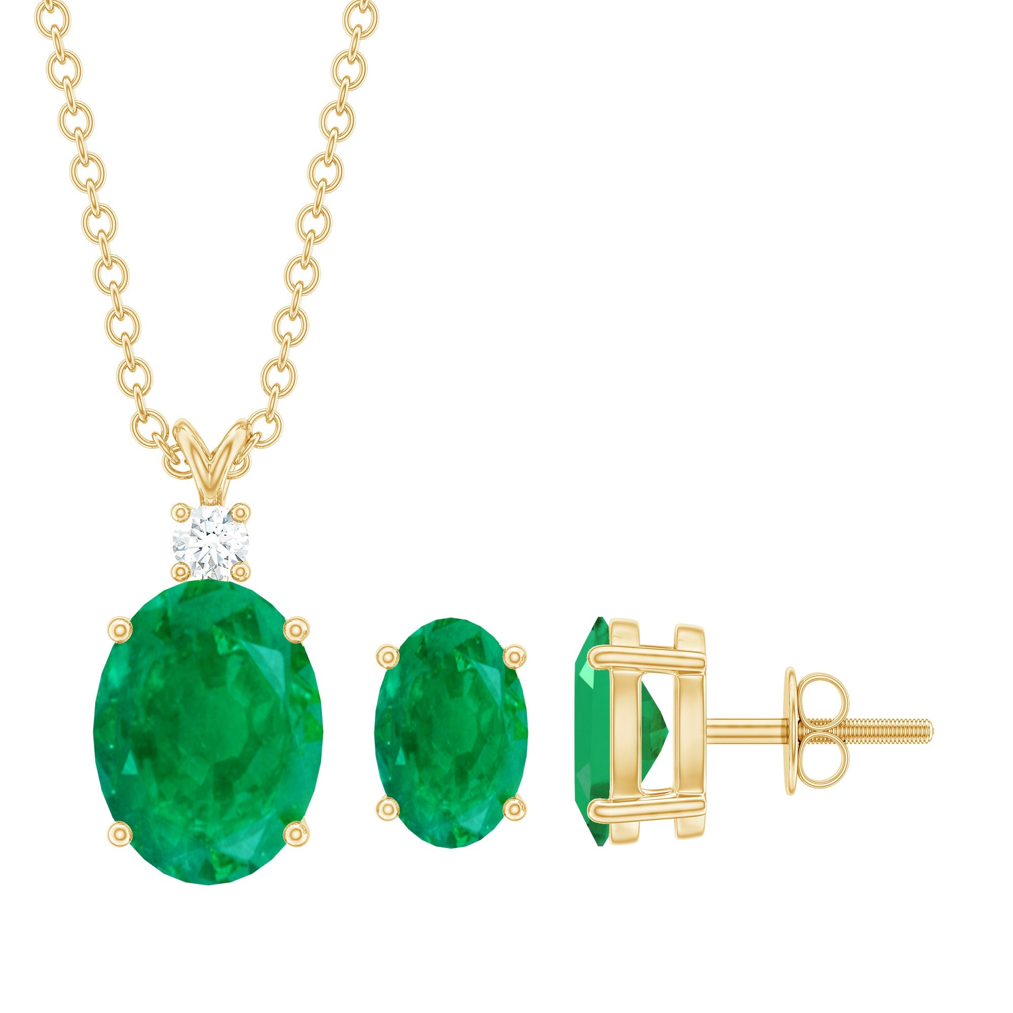 Emerald Pendant Set – Solitaire Oval Necklace with Lab Grown Diamond Earrings