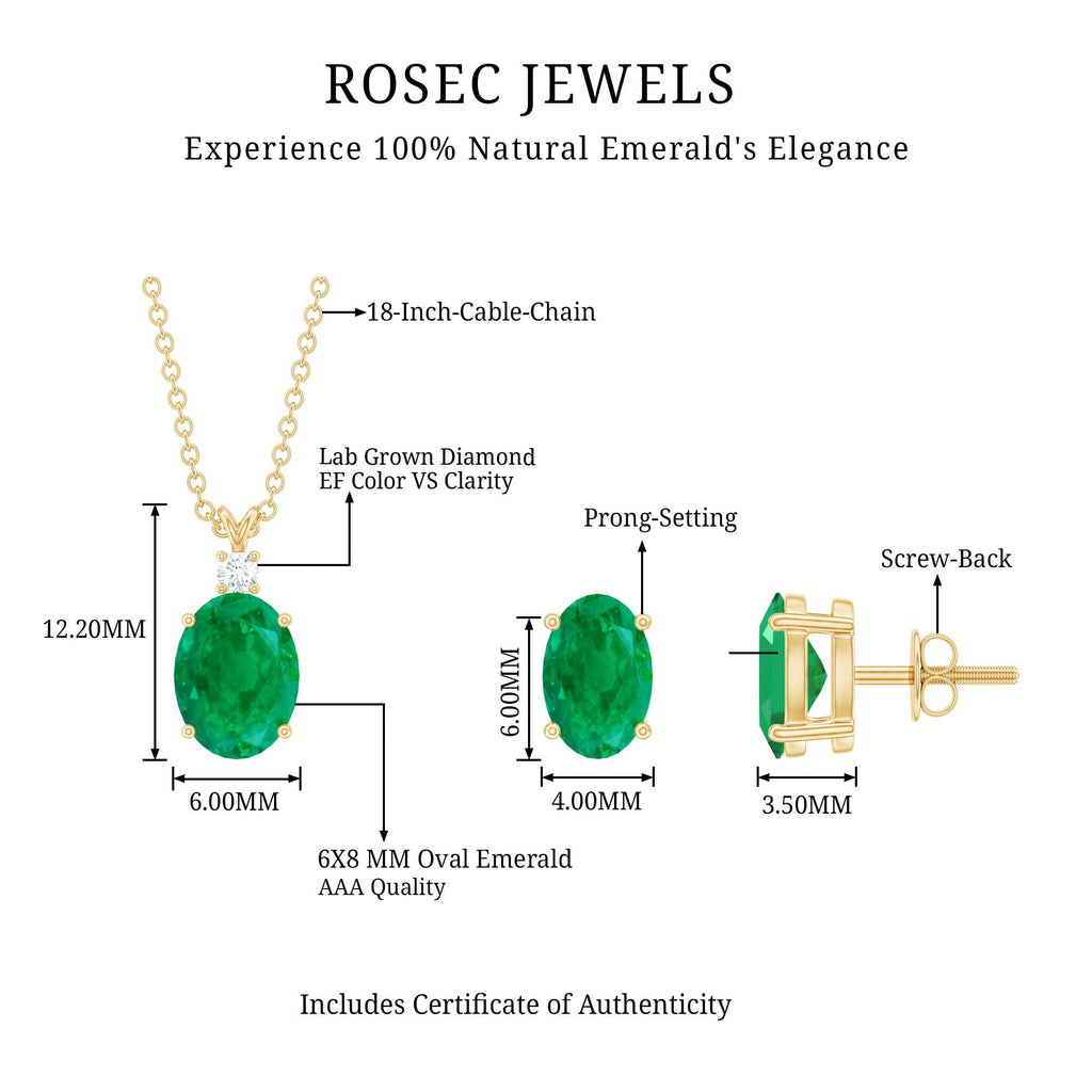 Emerald Pendant Set – Solitaire Oval Necklace with Lab Grown Diamond Earrings