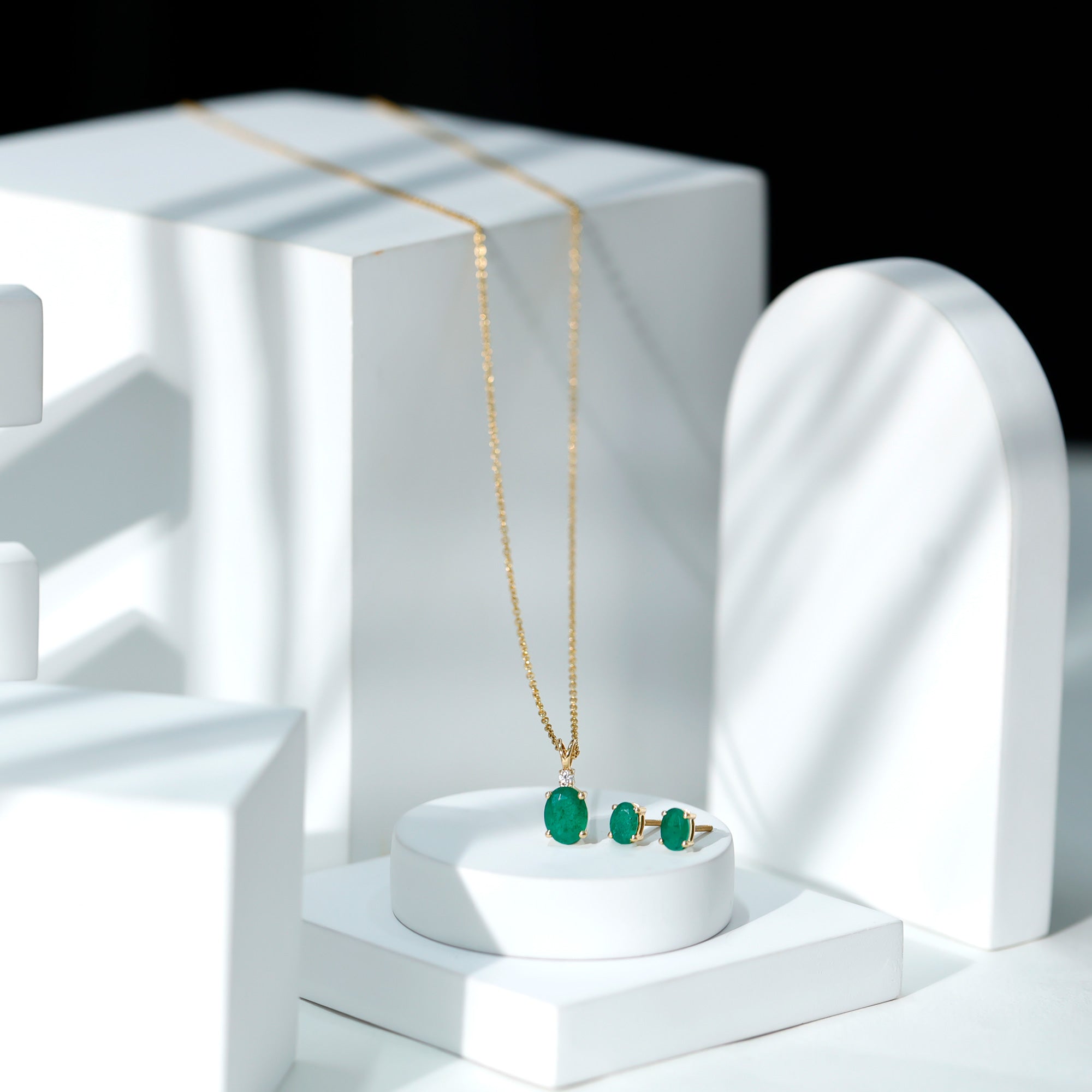 Emerald Pendant Set – Solitaire Oval Necklace with Lab Grown Diamond Earrings