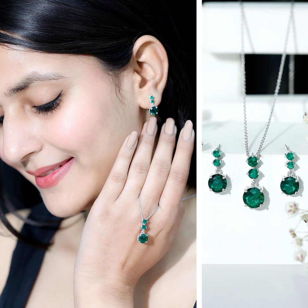 Lab Created Emerald Necklace – AAA Quality Green Stone Jewelry Set | Dangle Earrings