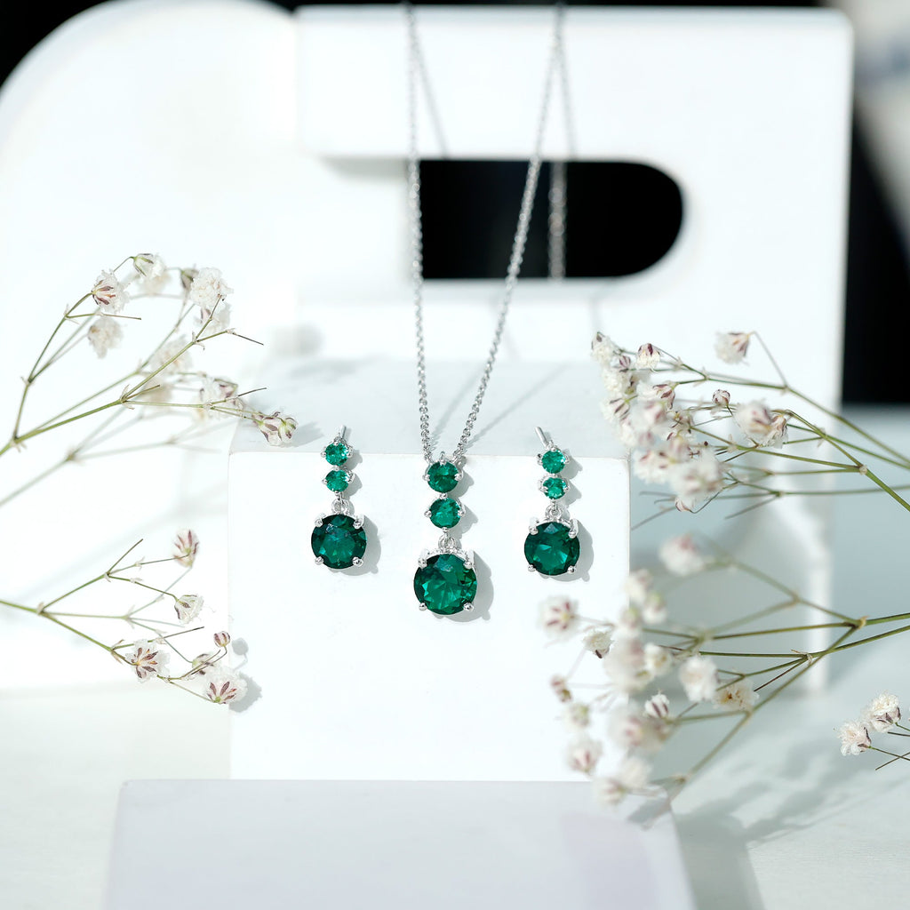 Lab Created Emerald Necklace – AAA Quality Green Stone Jewelry Set | Dangle Earrings