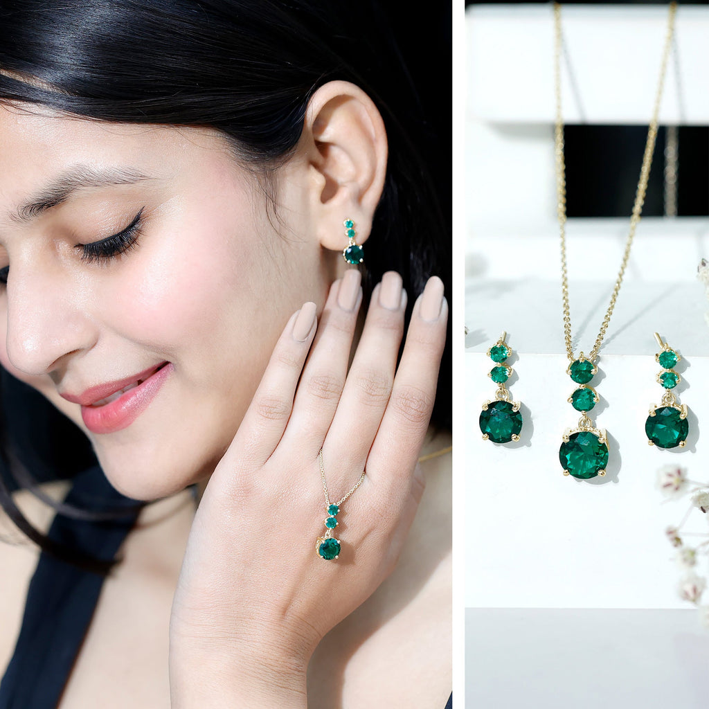 Lab Created Emerald Necklace – AAA Quality Green Stone Jewelry Set | Dangle Earrings
