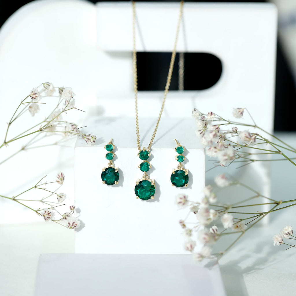 Lab Created Emerald Necklace – AAA Quality Green Stone Jewelry Set | Dangle Earrings