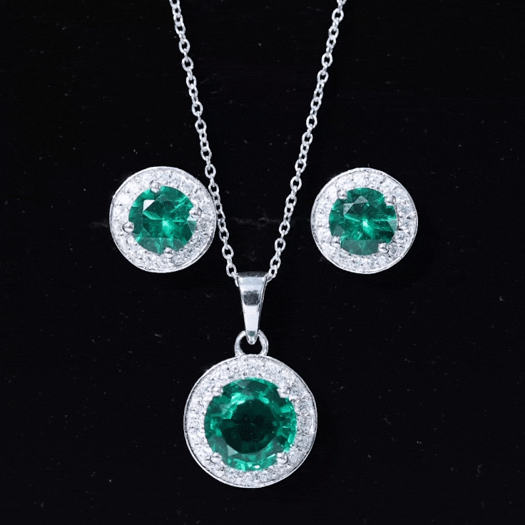 Lab Grown Emerald Jewelry - Bridal Halo Pendant Earrings Set With Round Cut Gemstones