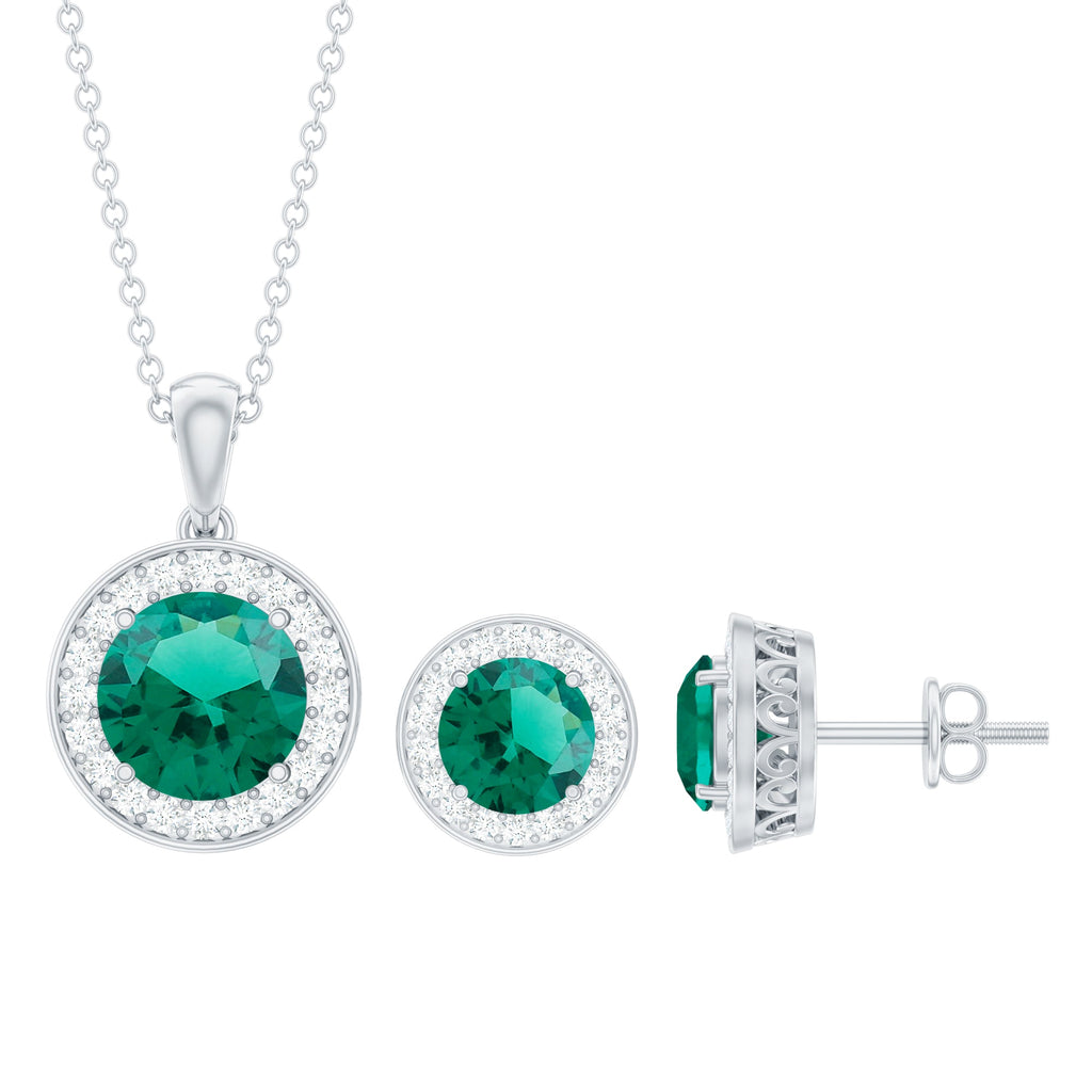Lab Grown Emerald Jewelry - Bridal Halo Pendant Earrings Set With Round Cut Gemstones