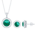 Lab Grown Emerald Jewelry - Bridal Halo Pendant Earrings Set With Round Cut Gemstones