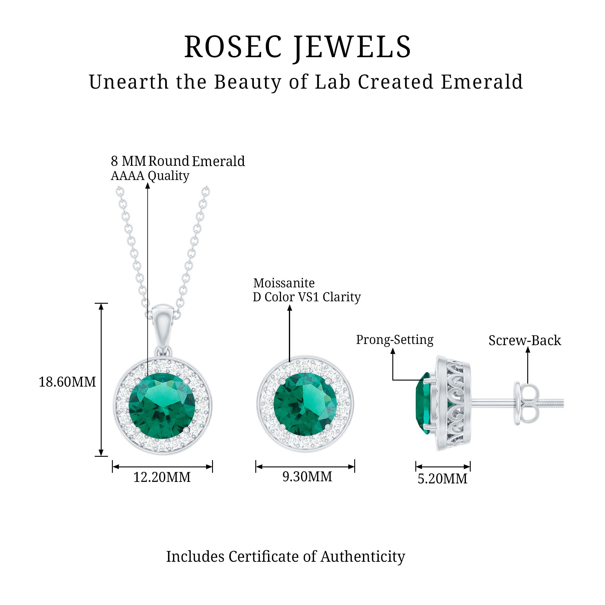 Lab Grown Emerald Jewelry - Bridal Halo Pendant Earrings Set With Round Cut Gemstones
