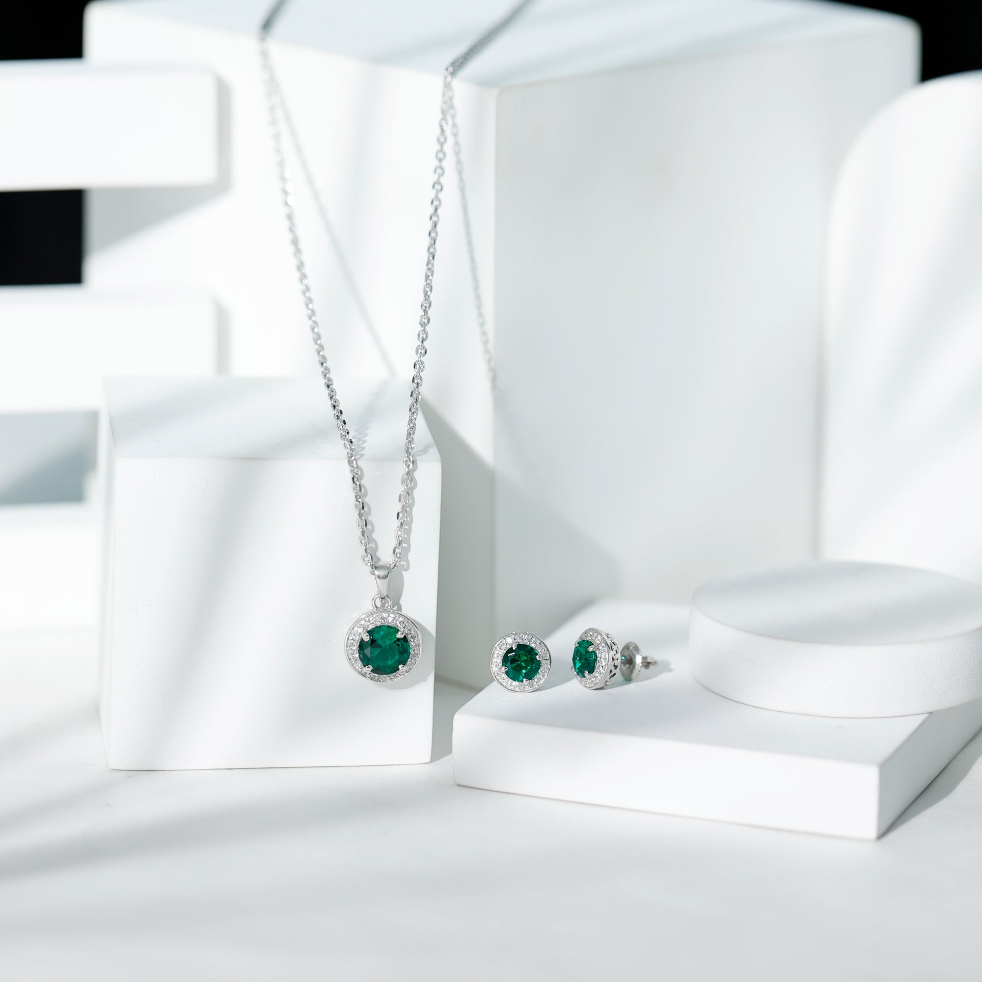 Lab Grown Emerald Jewelry - Bridal Halo Pendant Earrings Set With Round Cut Gemstones