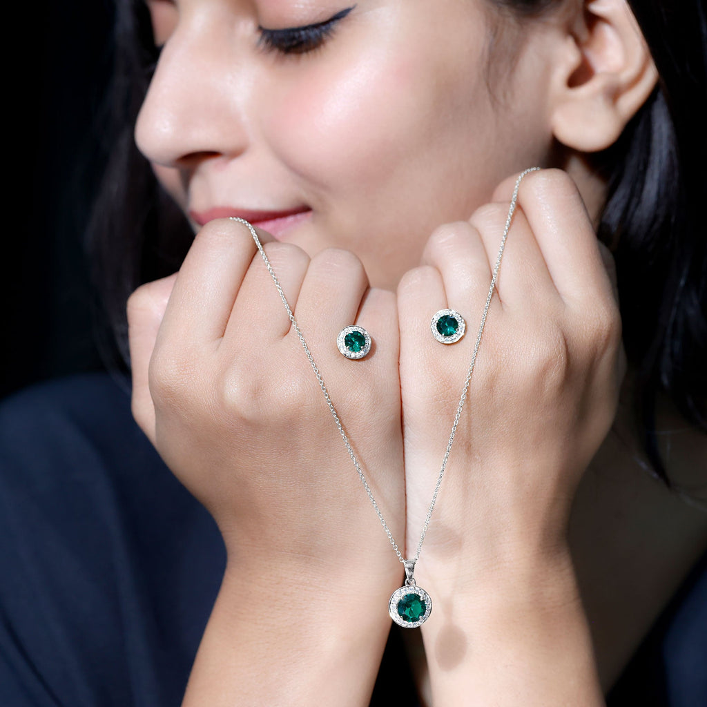 Lab Grown Emerald Jewelry - Bridal Halo Pendant Earrings Set With Round Cut Gemstones