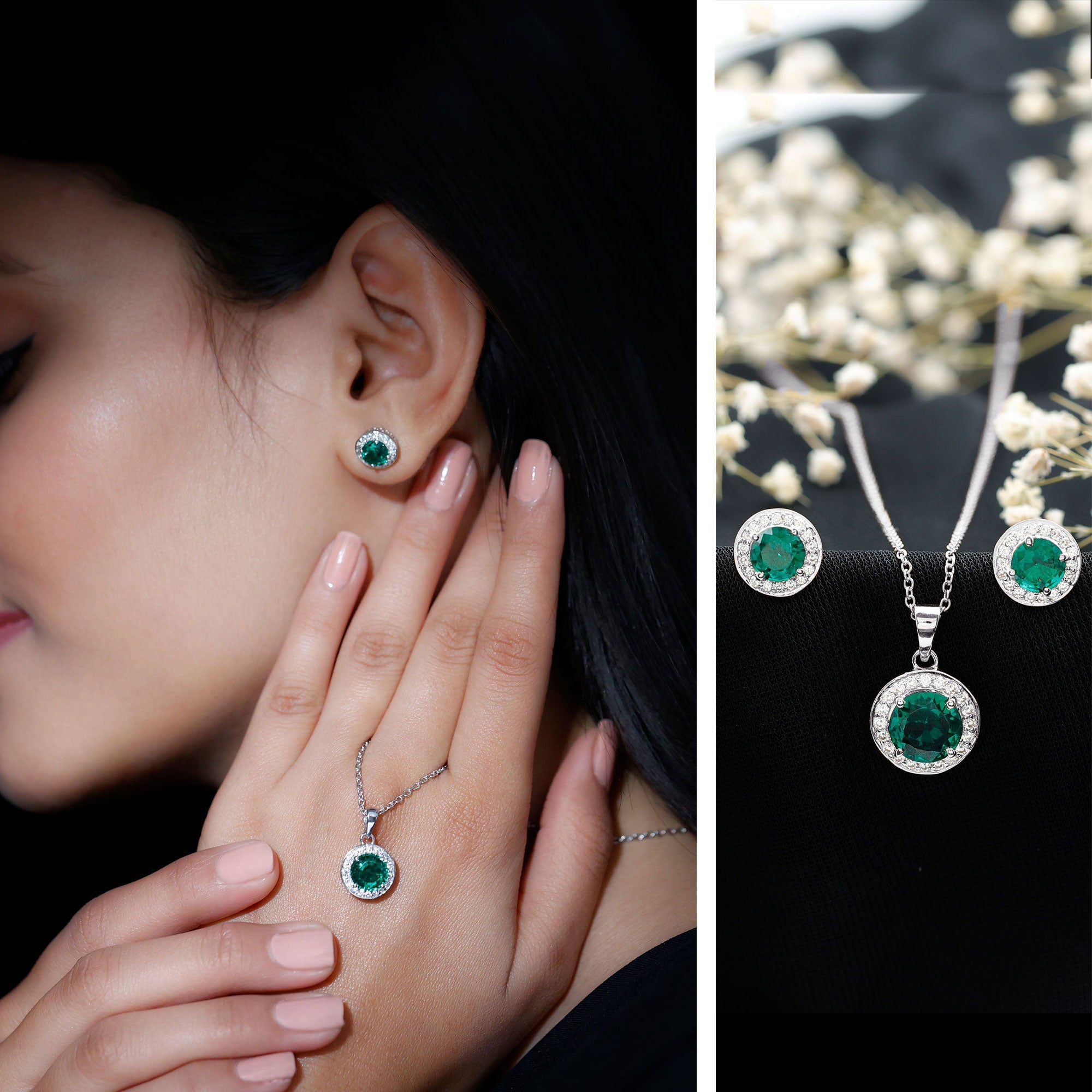 Lab Grown Emerald Jewelry - Bridal Halo Pendant Earrings Set With Round Cut Gemstones