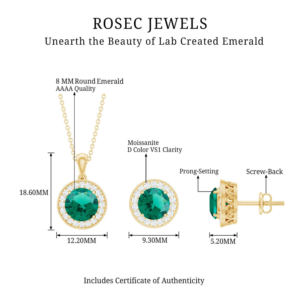 Lab Grown Emerald Jewelry - Bridal Halo Pendant Earrings Set With Round Cut Gemstones