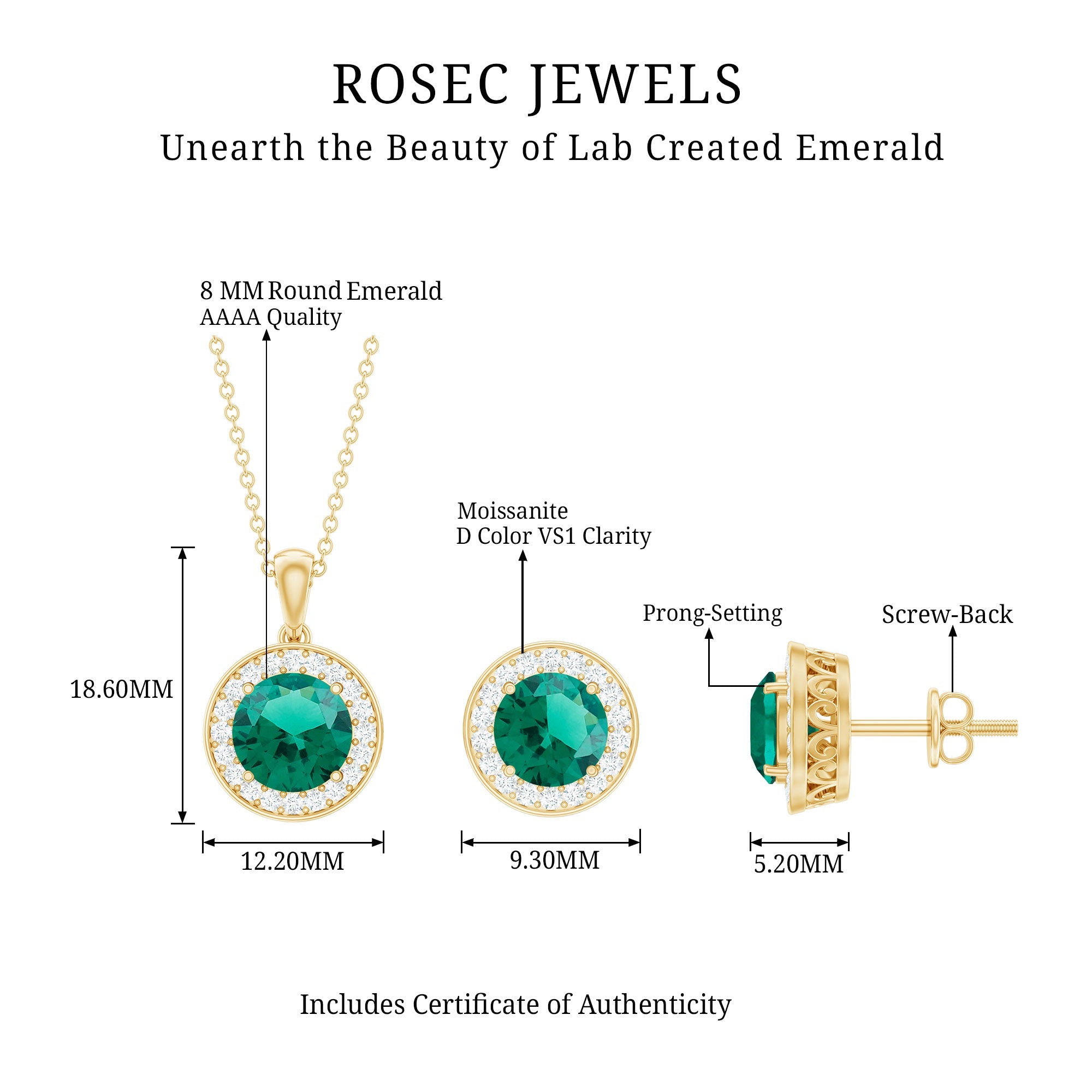 Lab Grown Emerald Jewelry - Bridal Halo Pendant Earrings Set With Round Cut Gemstones