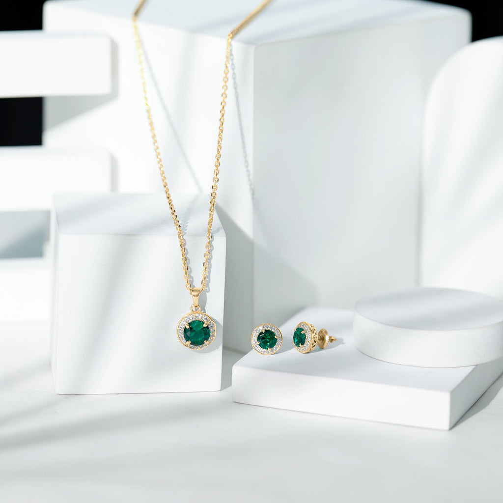 Lab Grown Emerald Jewelry - Bridal Halo Pendant Earrings Set With Round Cut Gemstones