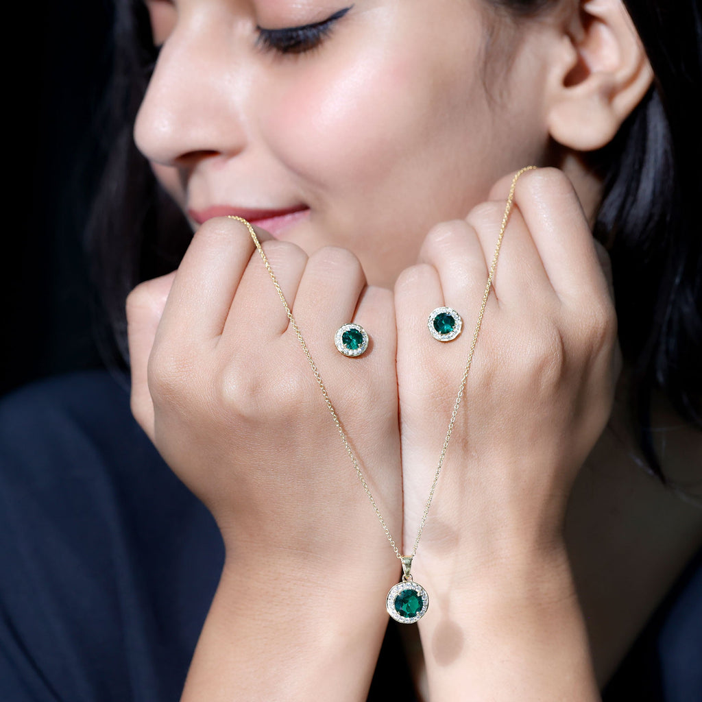 Lab Grown Emerald Jewelry - Bridal Halo Pendant Earrings Set With Round Cut Gemstones