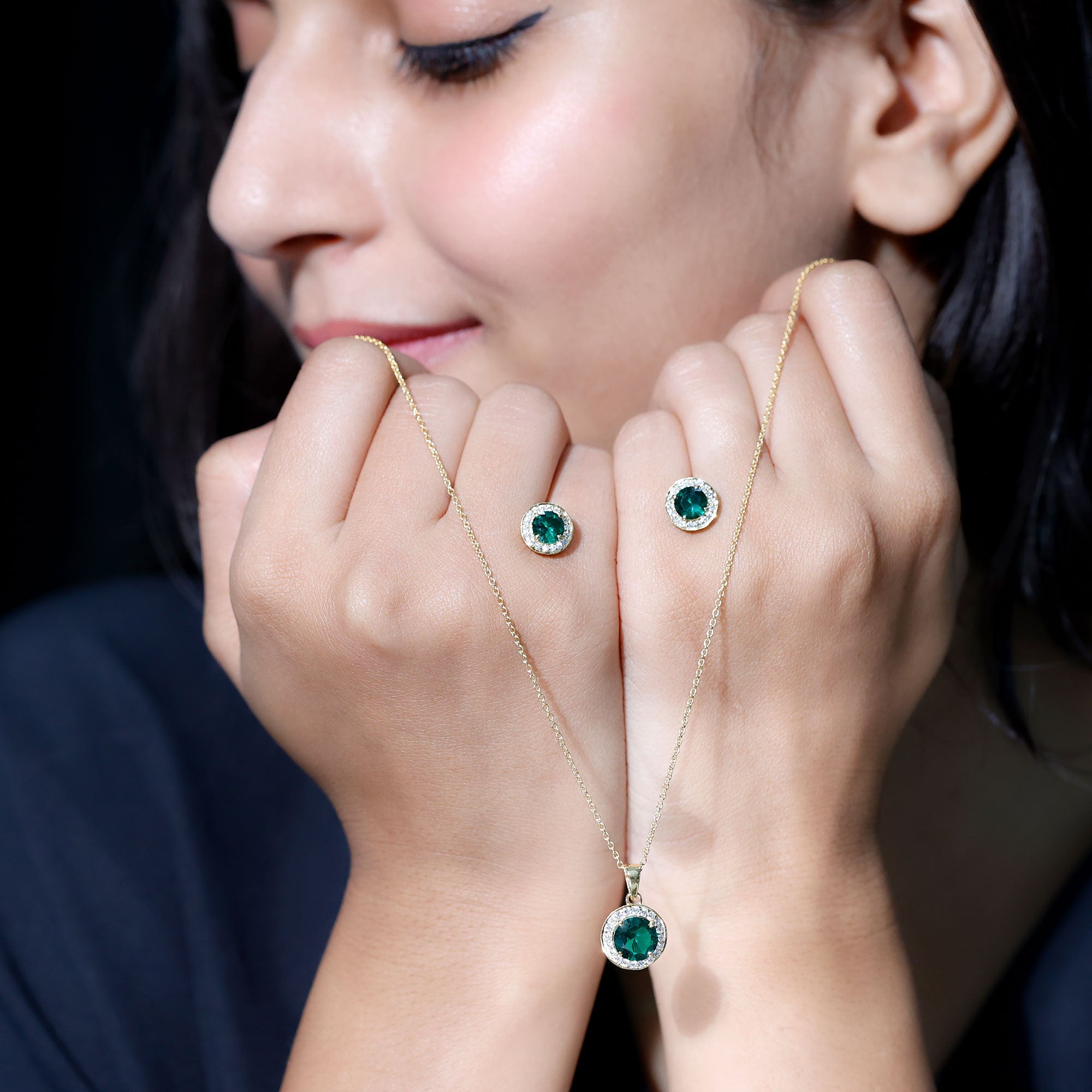 Lab Grown Emerald Jewelry - Bridal Halo Pendant Earrings Set With Round Cut Gemstones