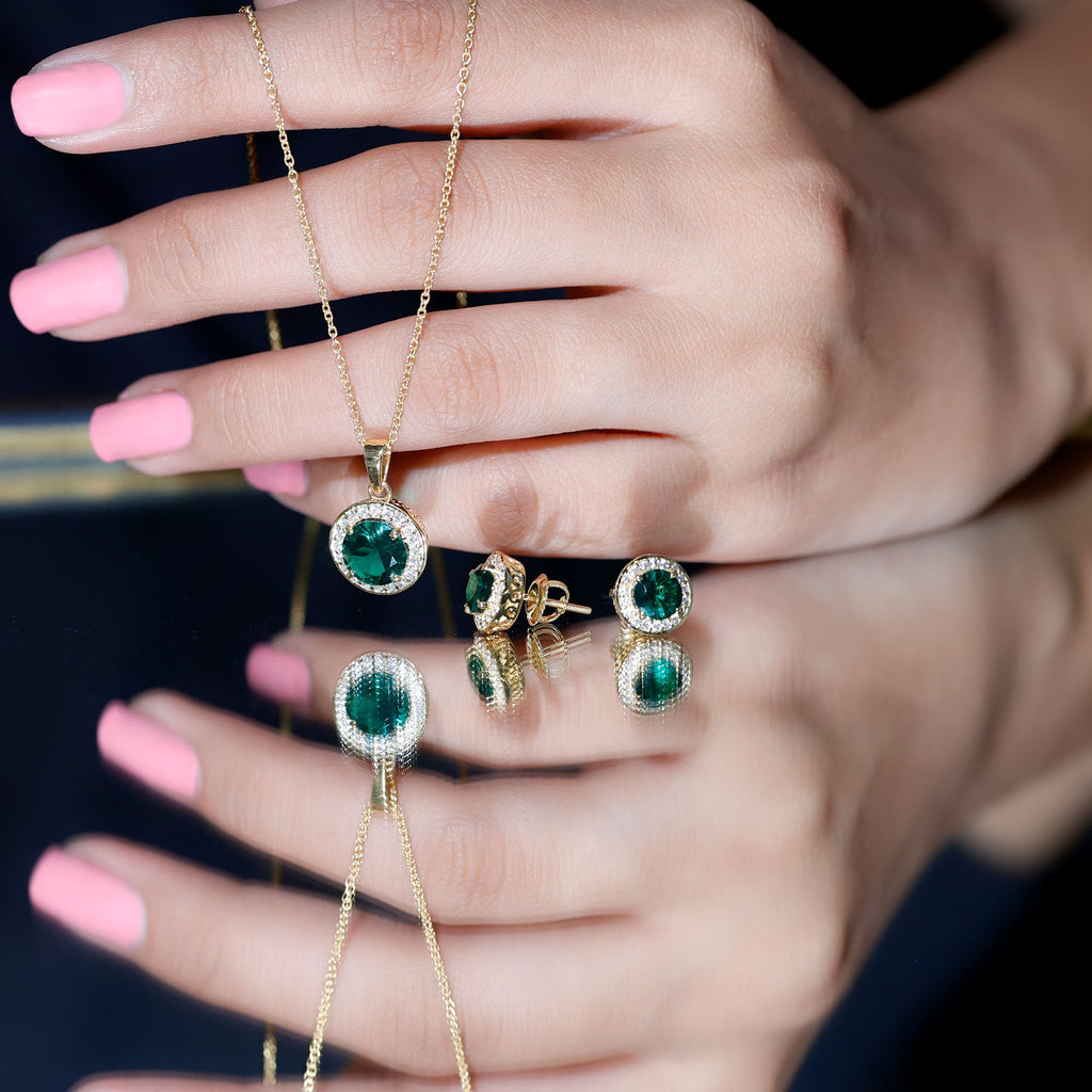 Lab Grown Emerald Jewelry - Bridal Halo Pendant Earrings Set With Round Cut Gemstones