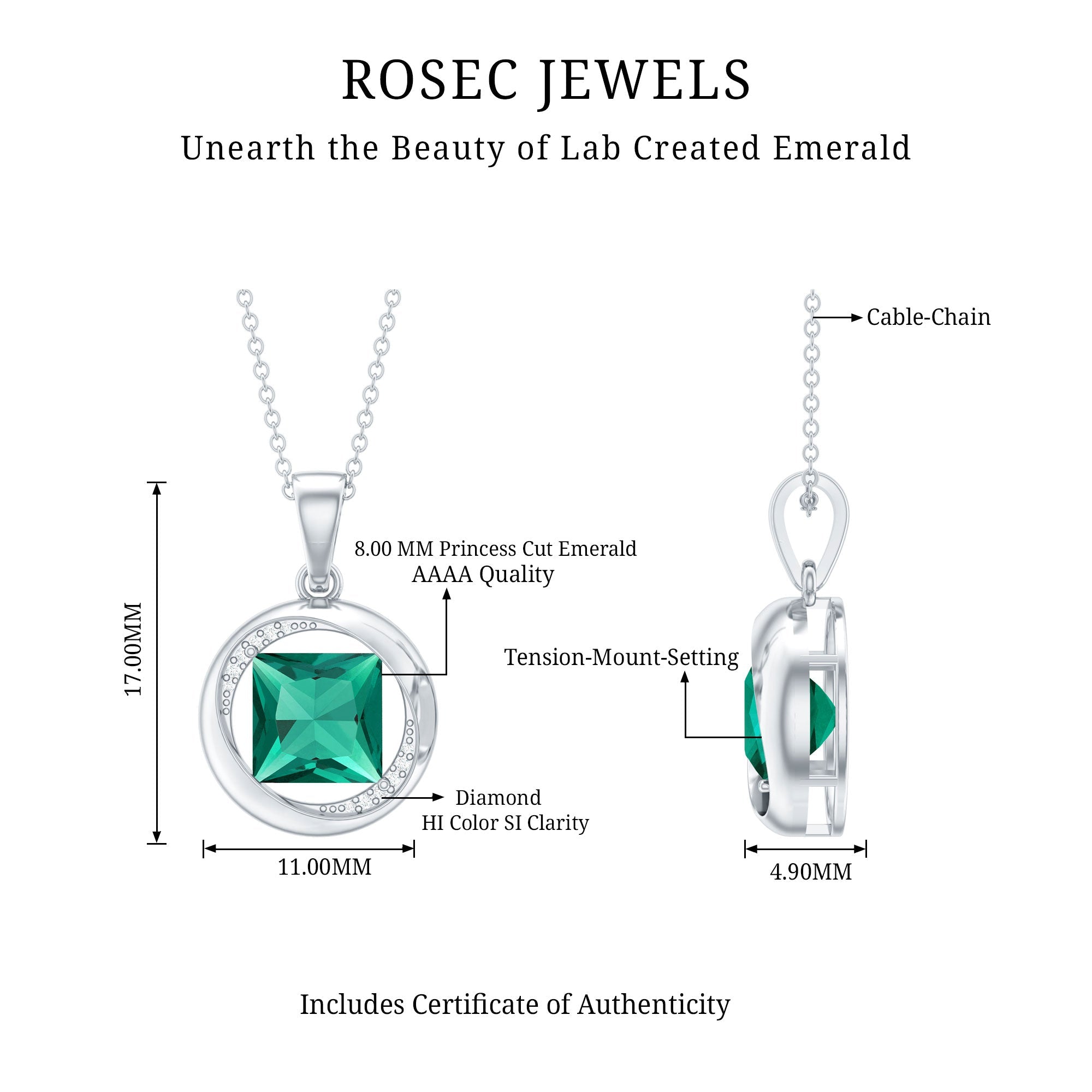 Emerald Princess Cut Pendant – Lab Created Emerald Necklace with Diamond Sparkle