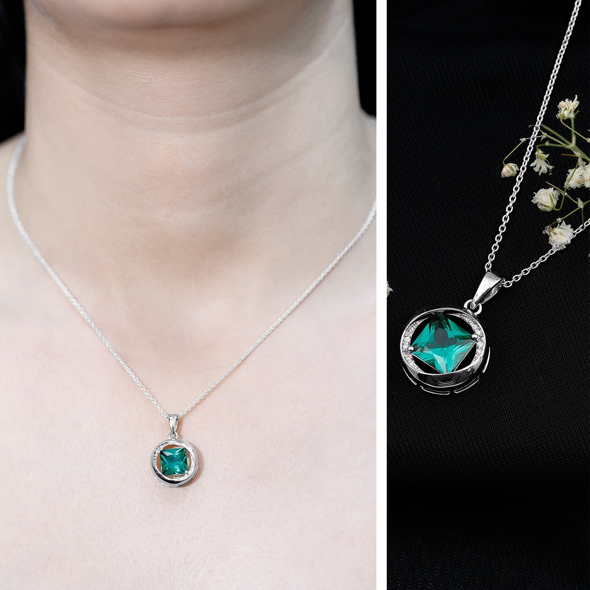Emerald Princess Cut Pendant – Lab Created Emerald Necklace with Diamond Sparkle
