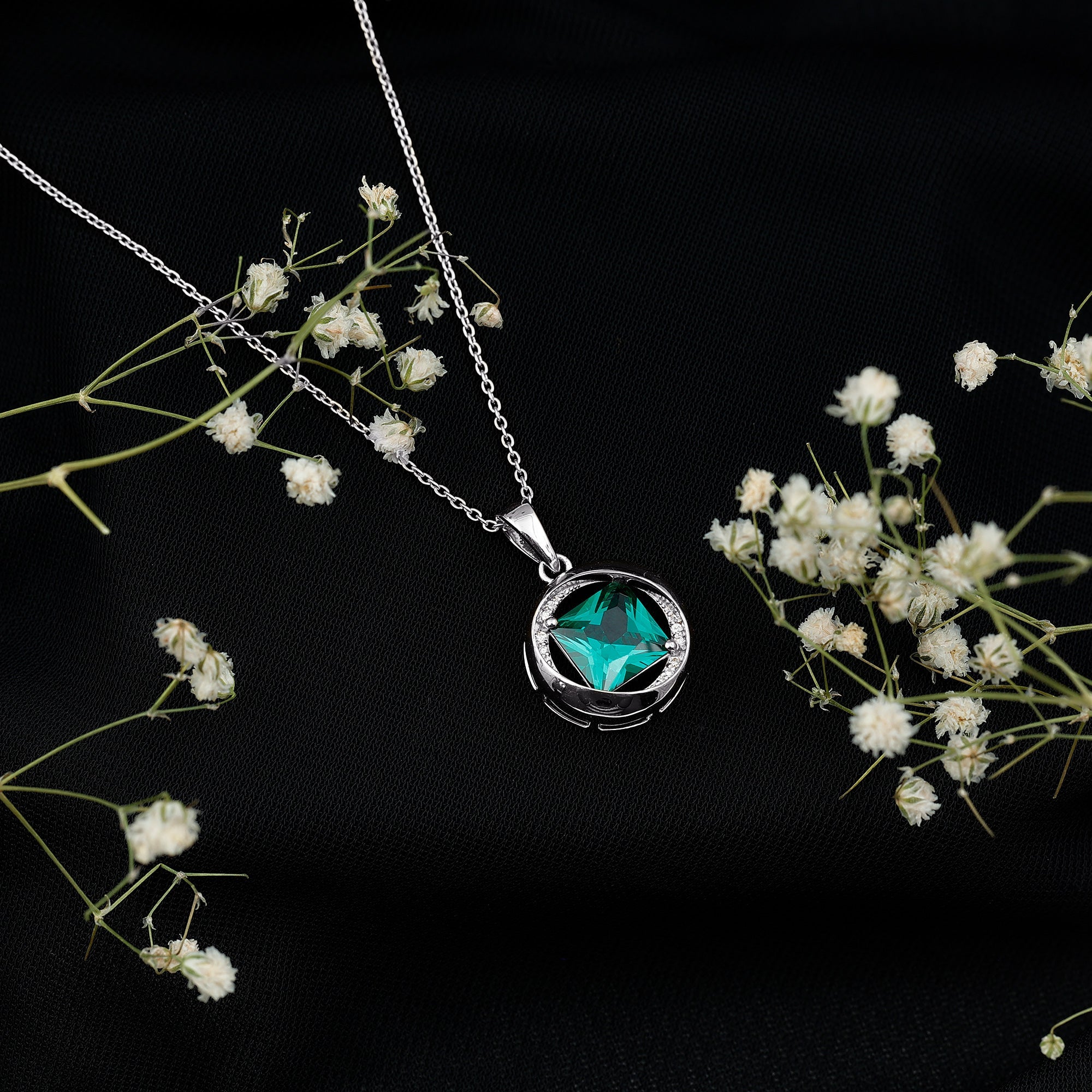 Emerald Princess Cut Pendant – Lab Created Emerald Necklace with Diamond Sparkle