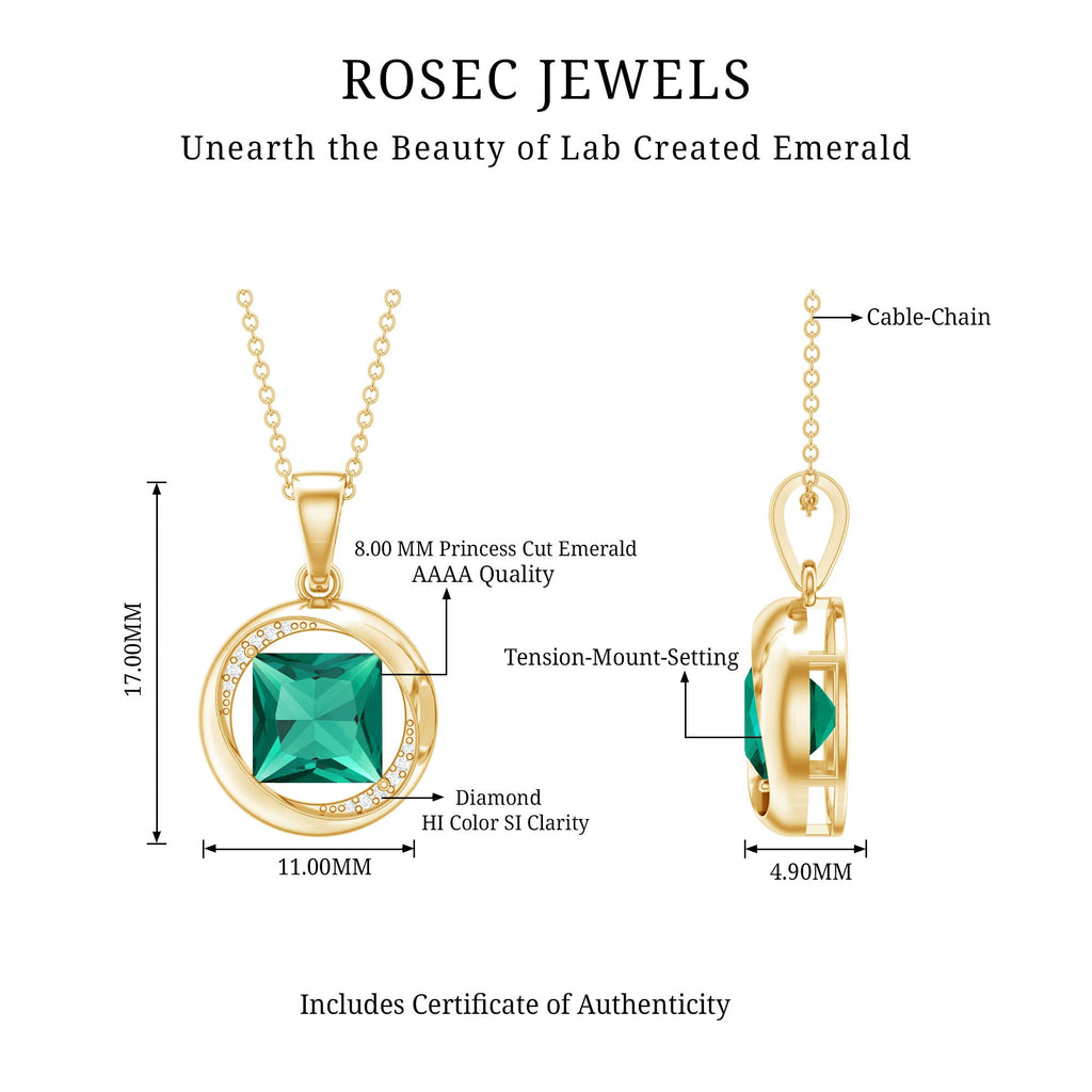 Emerald Princess Cut Pendant – Lab Created Emerald Necklace with Diamond Sparkle