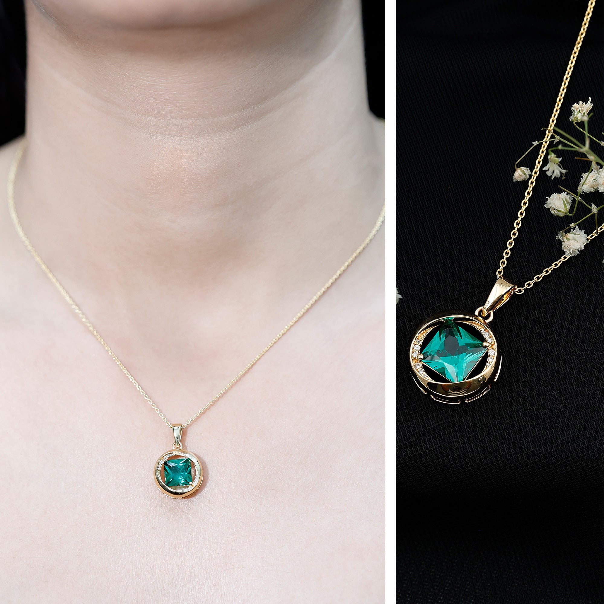 Emerald Princess Cut Pendant – Lab Created Emerald Necklace with Diamond Sparkle