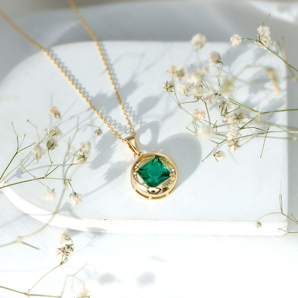 Emerald Princess Cut Pendant – Lab Created Emerald Necklace with Diamond Sparkle