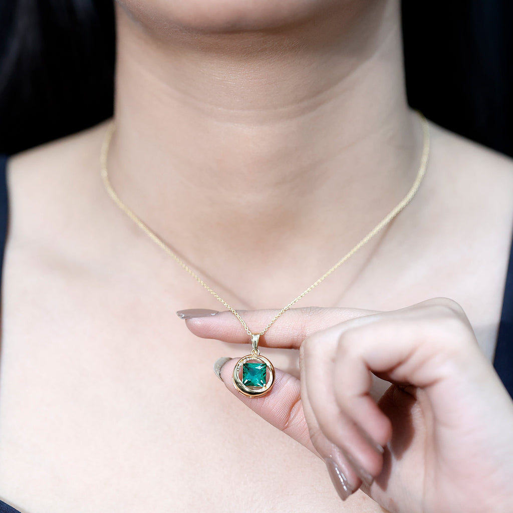 Emerald Princess Cut Pendant – Lab Created Emerald Necklace with Diamond Sparkle
