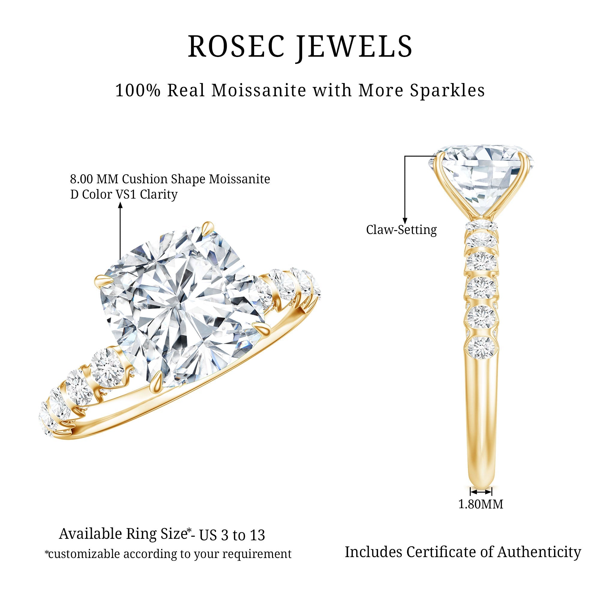 Cushion Cut Moissanite Solitaire Engagement Ring for Women