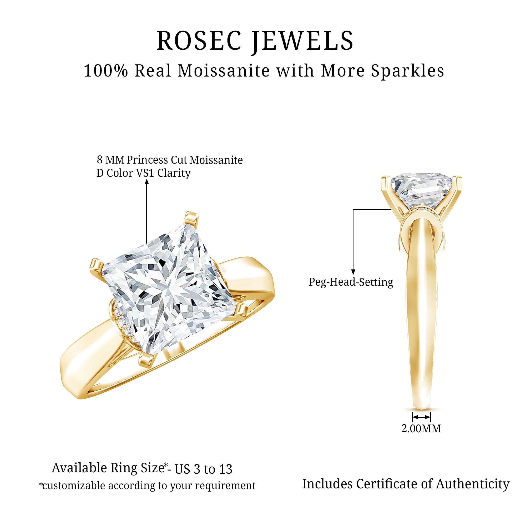 Princess Cut Certified Moissanite Solitaire Engagement Ring